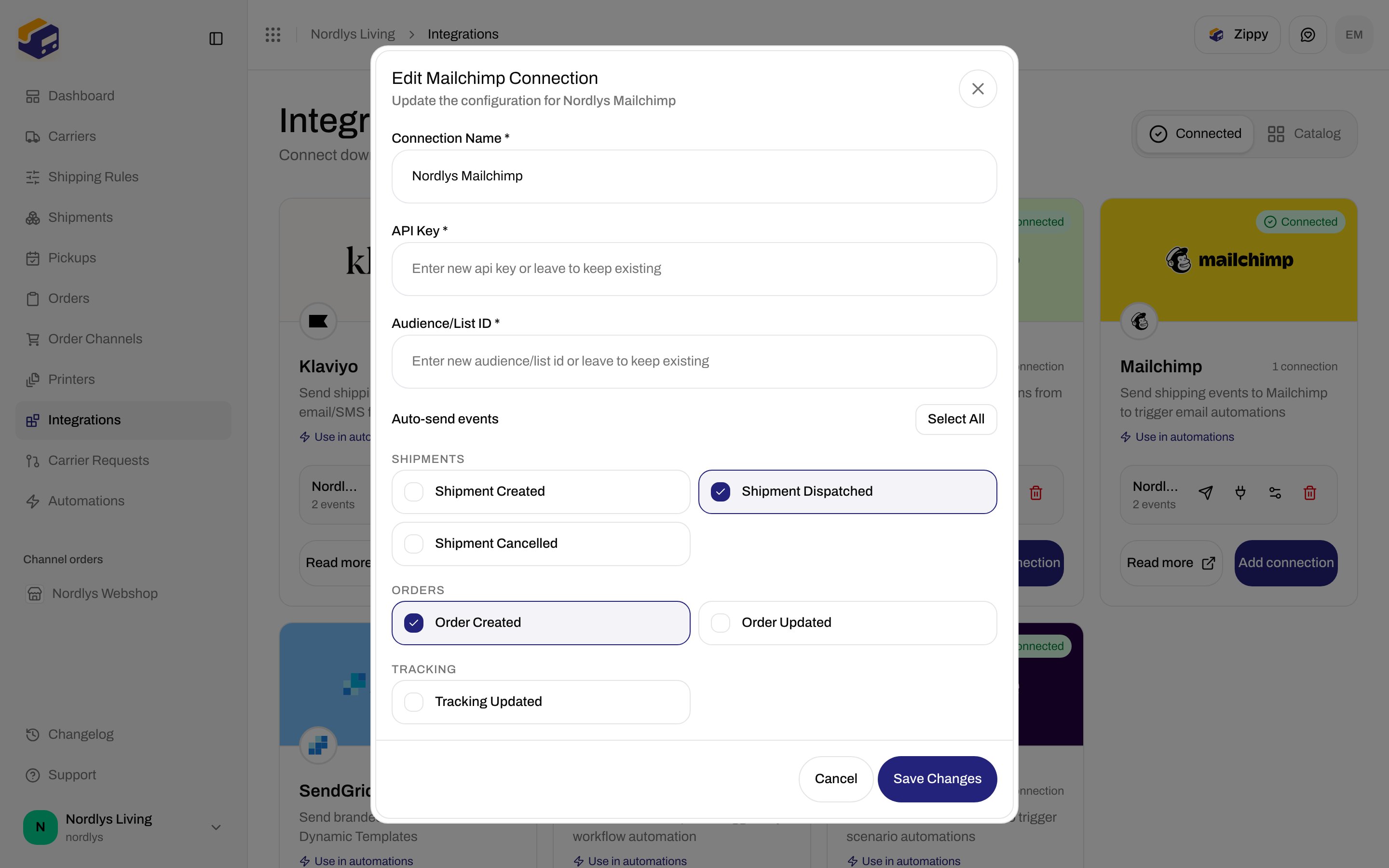 Edit Mailchimp Connection dialog with Connection Name, API Key, Audience/List ID, and Auto-send events