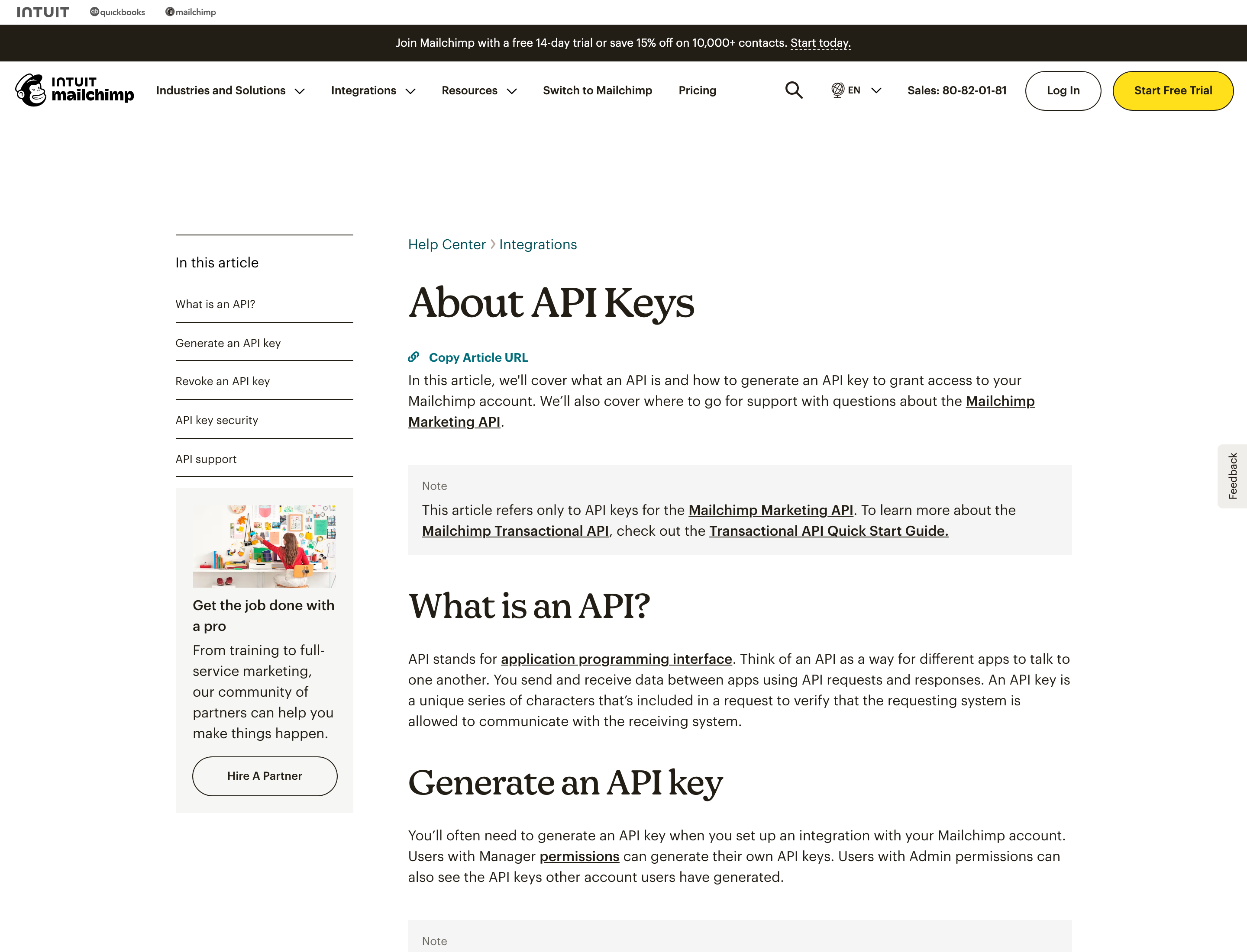 Mailchimp About API Keys help article with a Generate an API key section