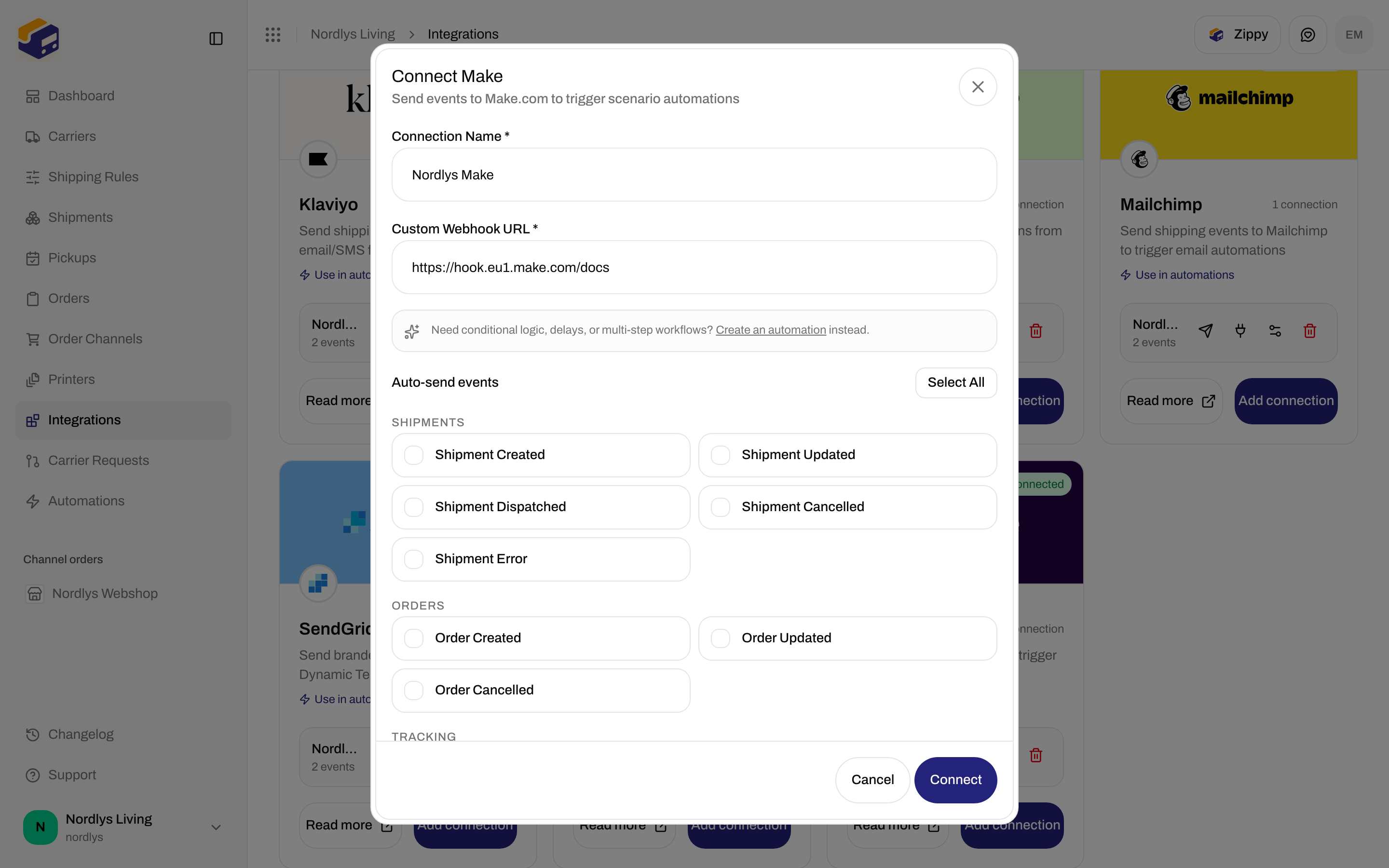 Connect Make dialog with Connection Name, Custom Webhook URL, automation hint, and event checkboxes