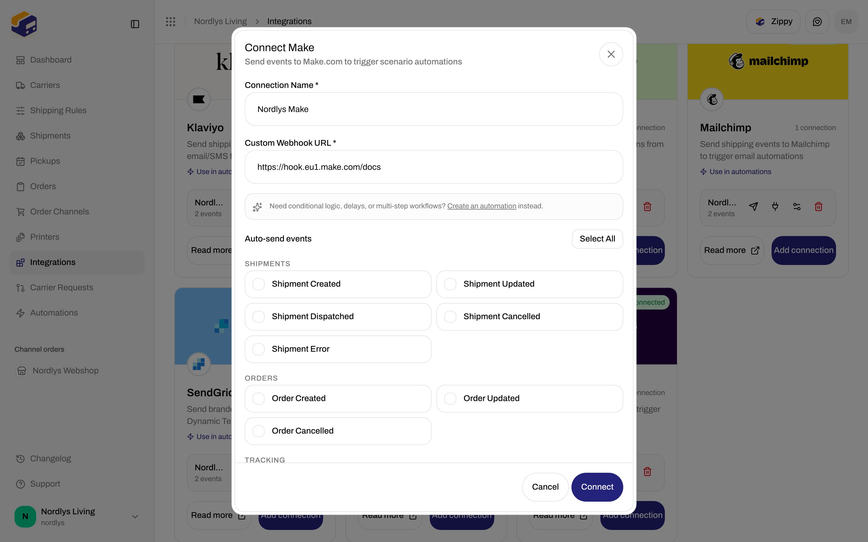 Connect Make dialog with Connection Name, Custom Webhook URL, automation hint, and event checkboxes