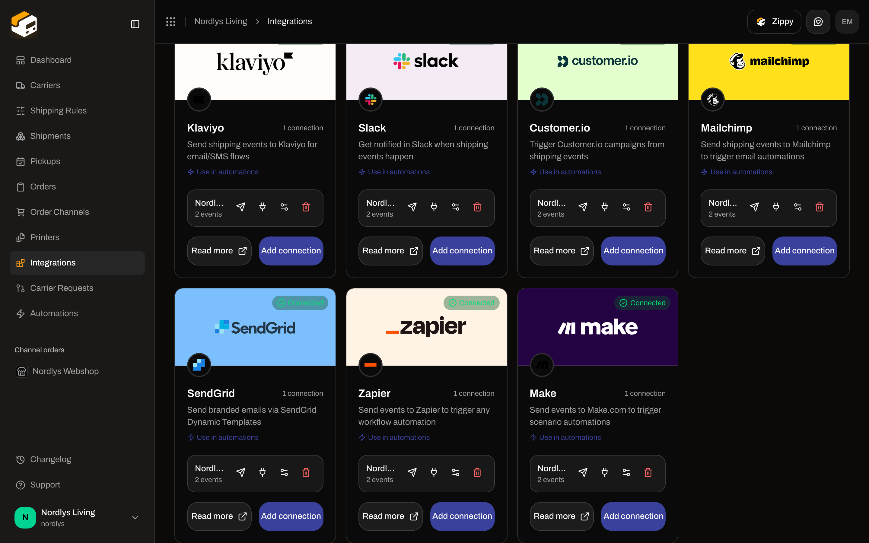 Integrations Connected tab with a Make connection and action icons