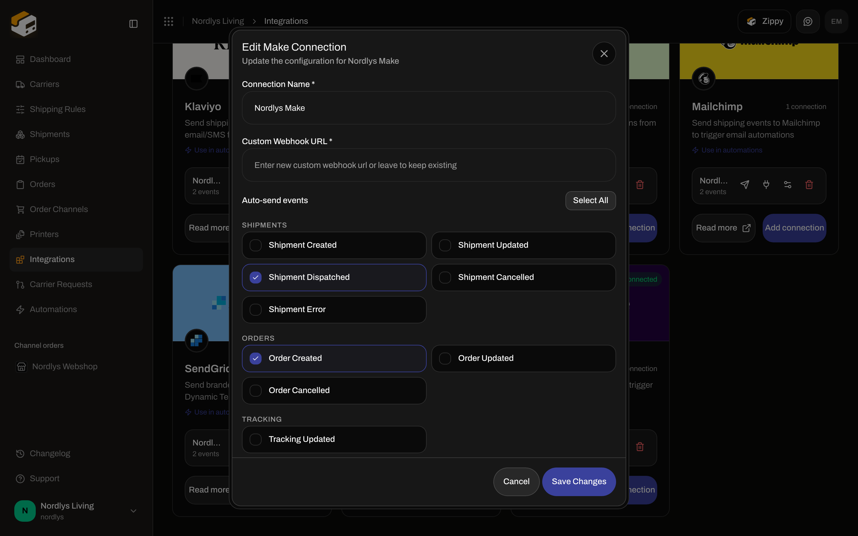 Edit Make Connection dialog with Connection Name, Custom Webhook URL, and Auto-send events
