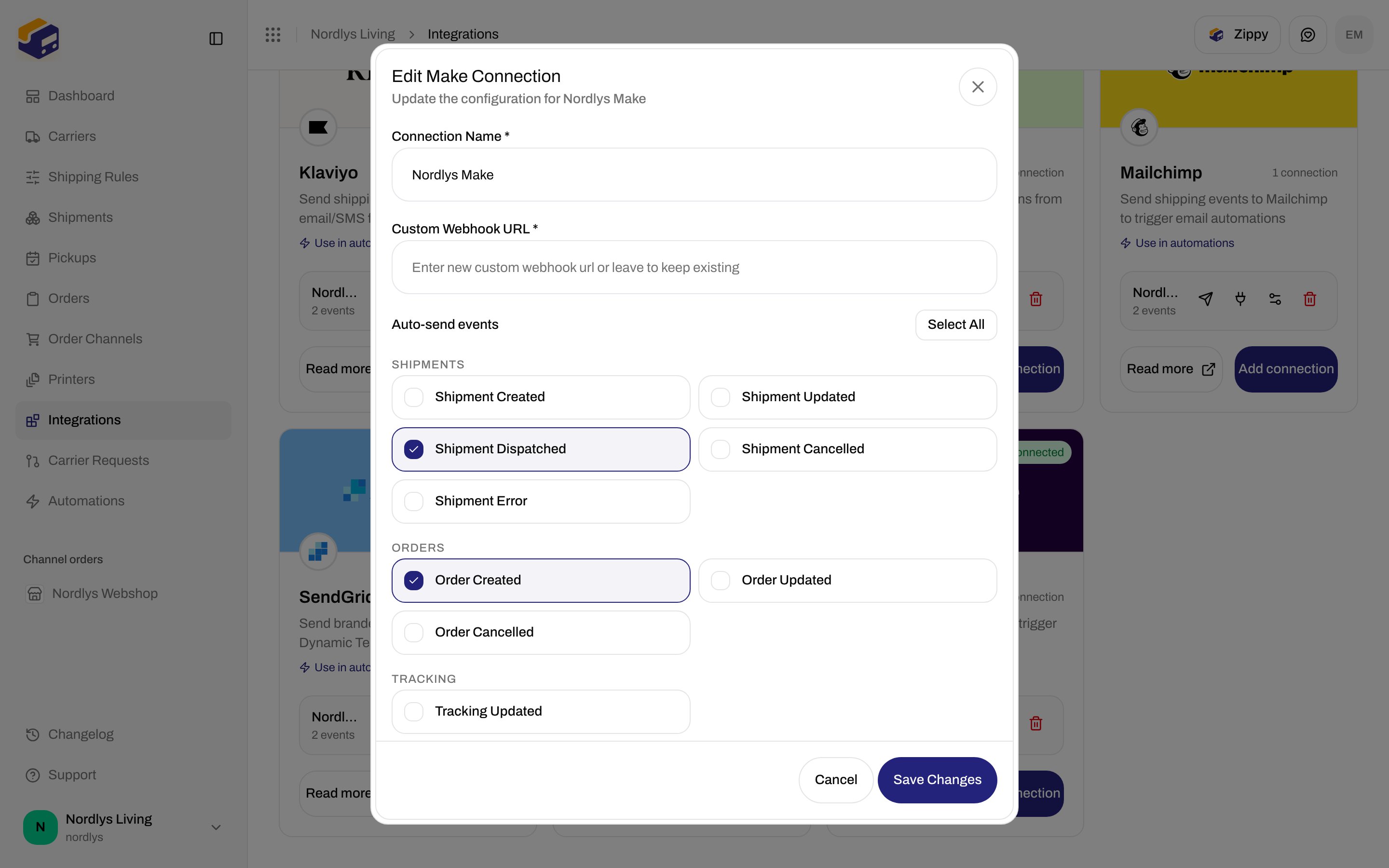 Edit Make Connection dialog with Connection Name, Custom Webhook URL, and Auto-send events