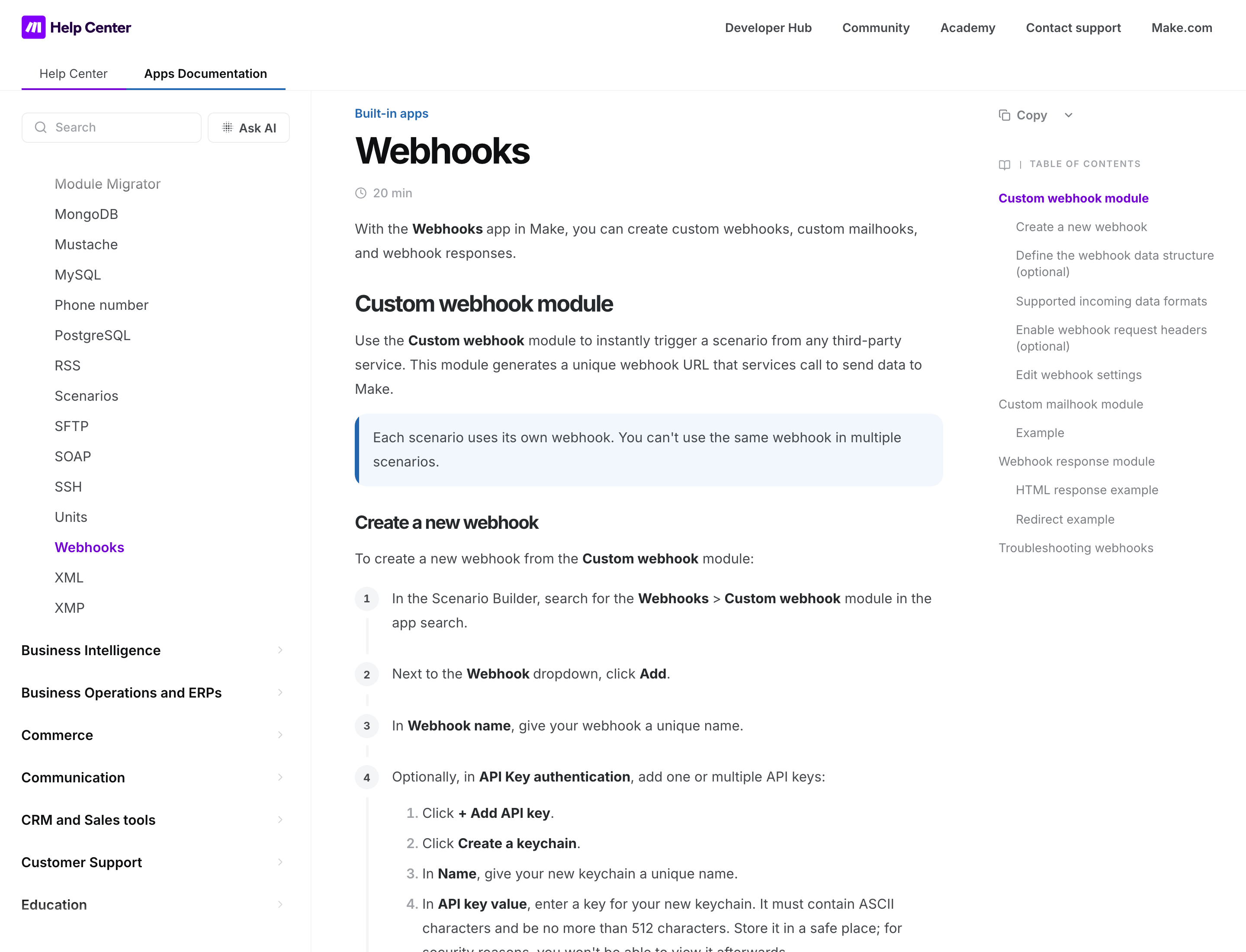 Make Help Center Webhooks docs with Custom webhook module and Create a new webhook steps