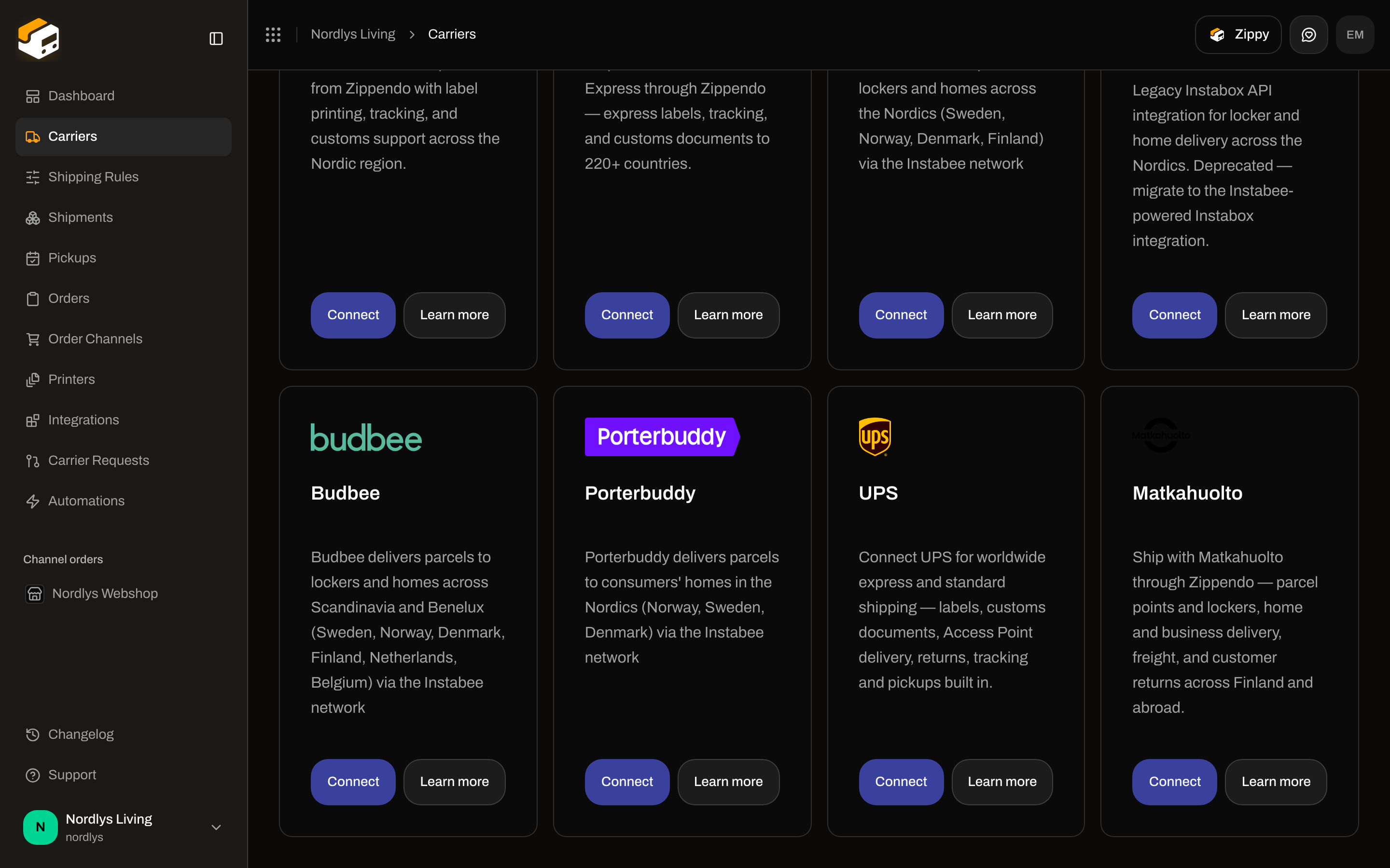 All Carriers grid with the Matkahuolto card, Connect, and Learn more