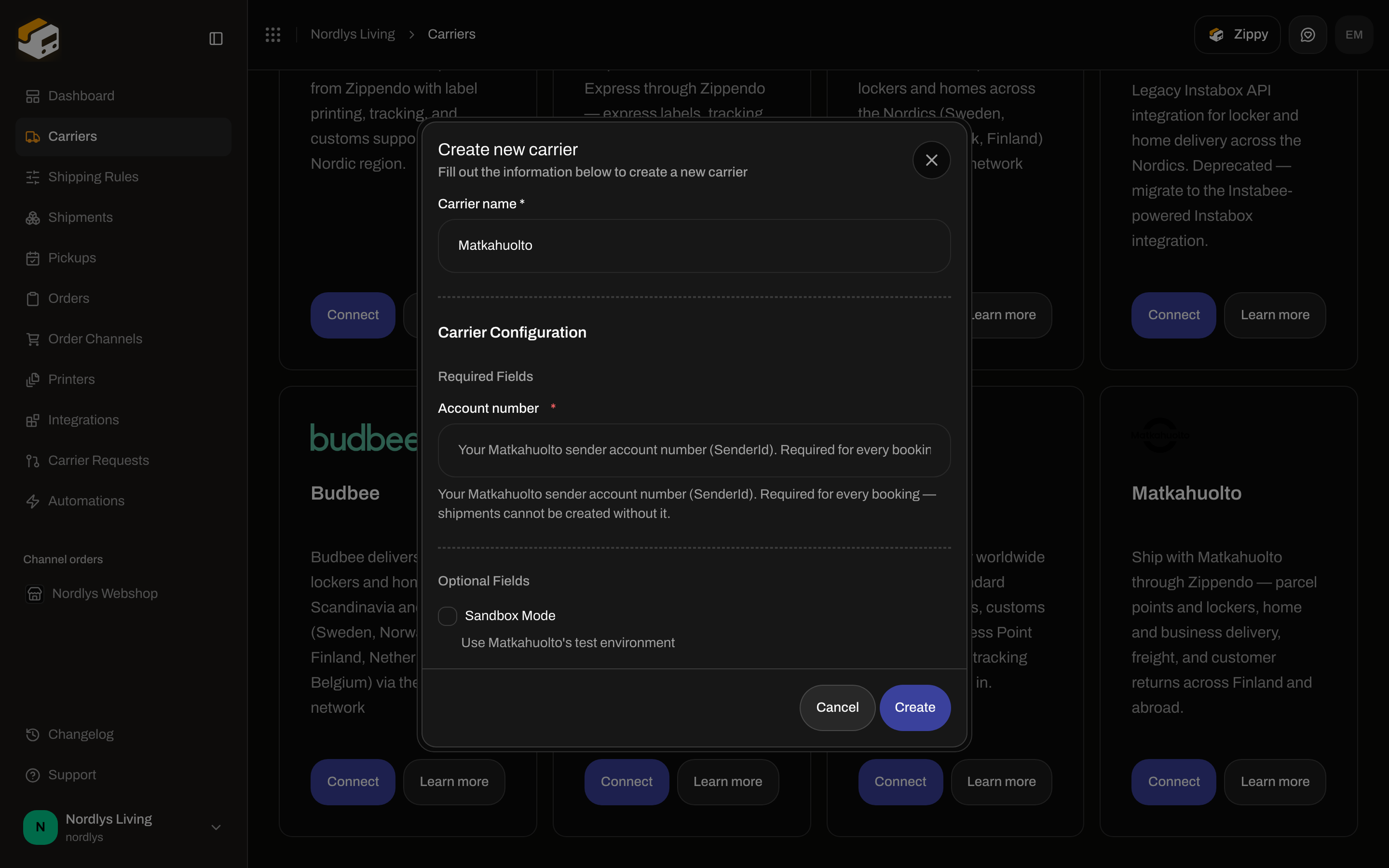 Create new carrier dialog for Matkahuolto with required Account number and optional Sandbox Mode