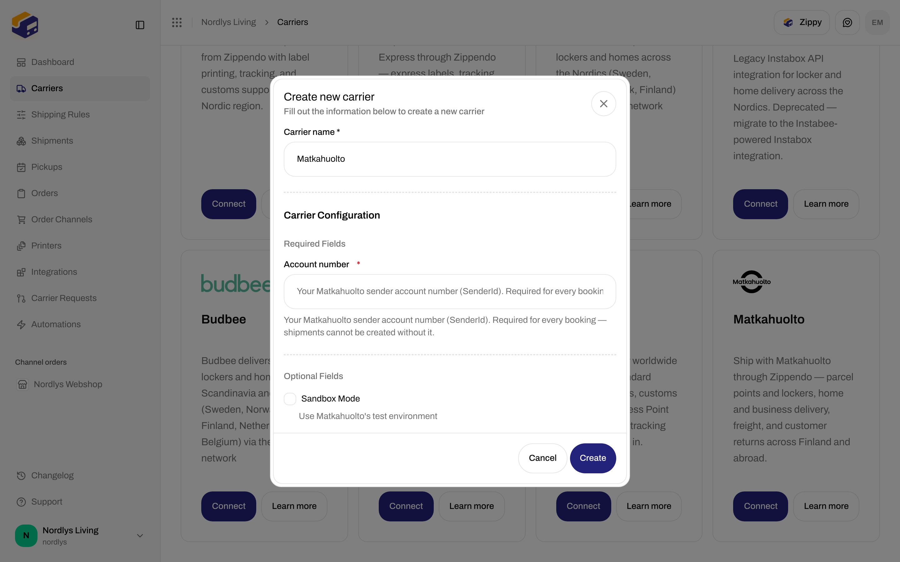 Create new carrier dialog for Matkahuolto with required Account number and optional Sandbox Mode