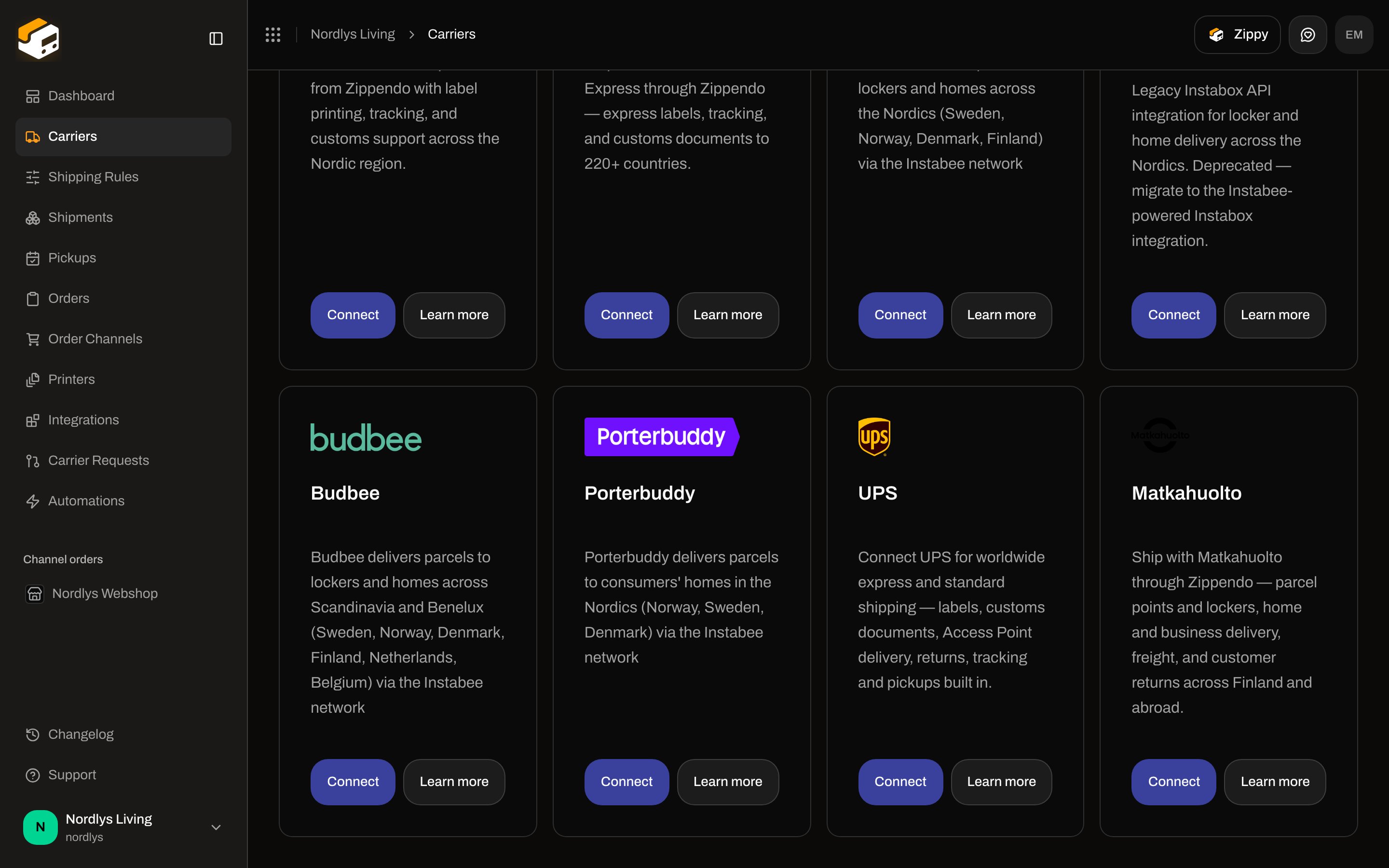 All Carriers grid with the Porterbuddy card, Connect, and Learn more