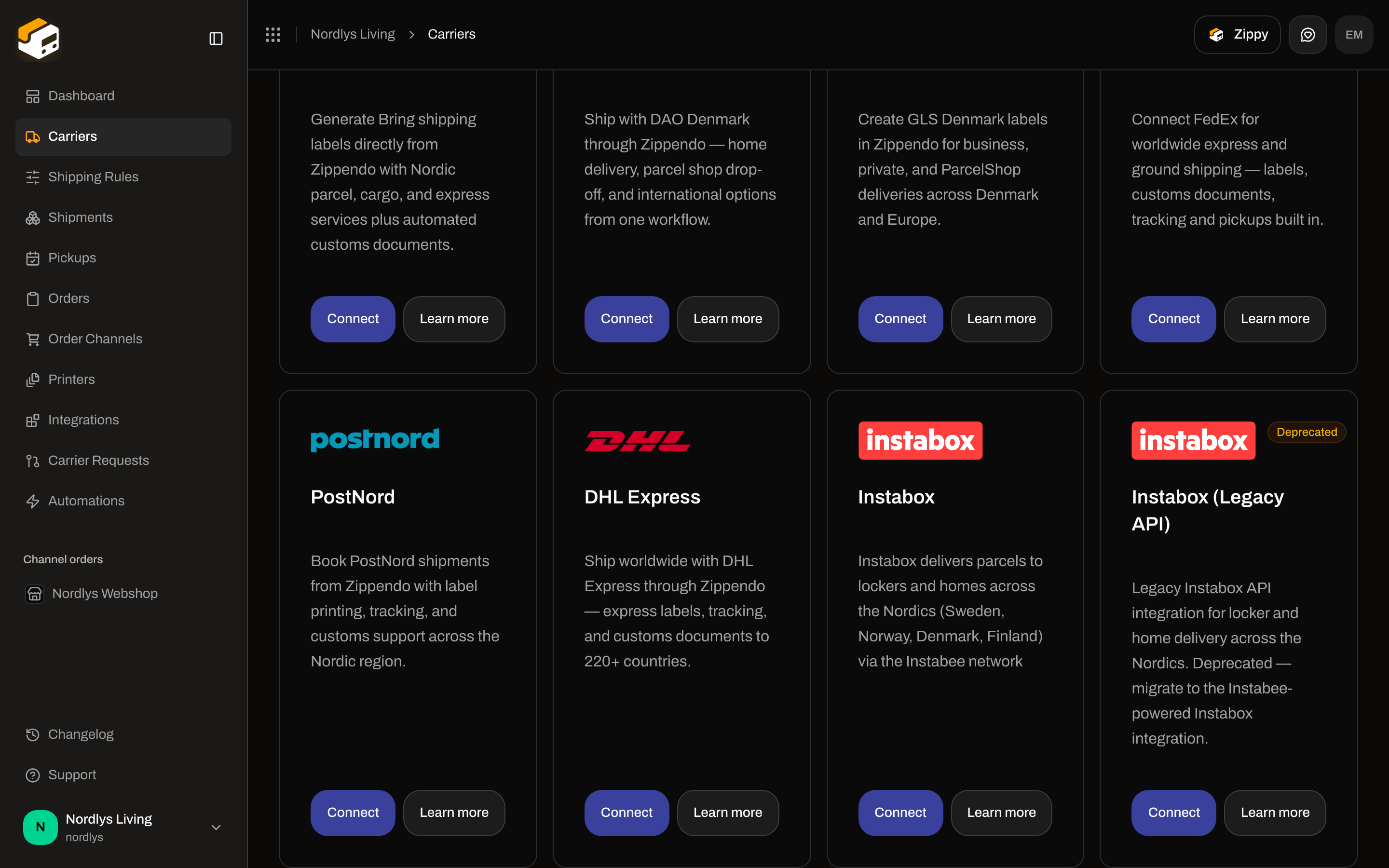 All Carriers grid with the PostNord card, Connect, and Learn more