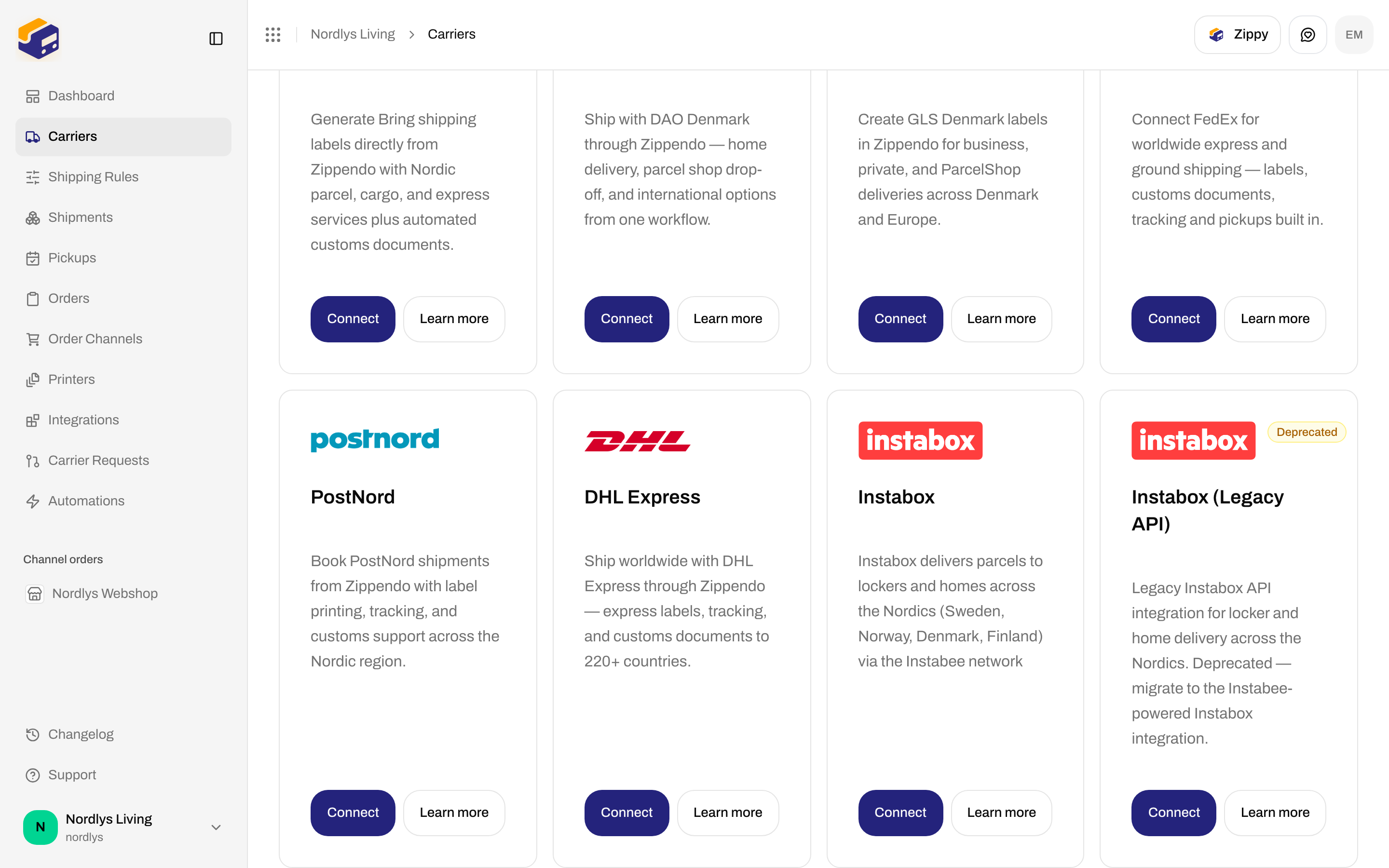 All Carriers grid with the PostNord card, Connect, and Learn more