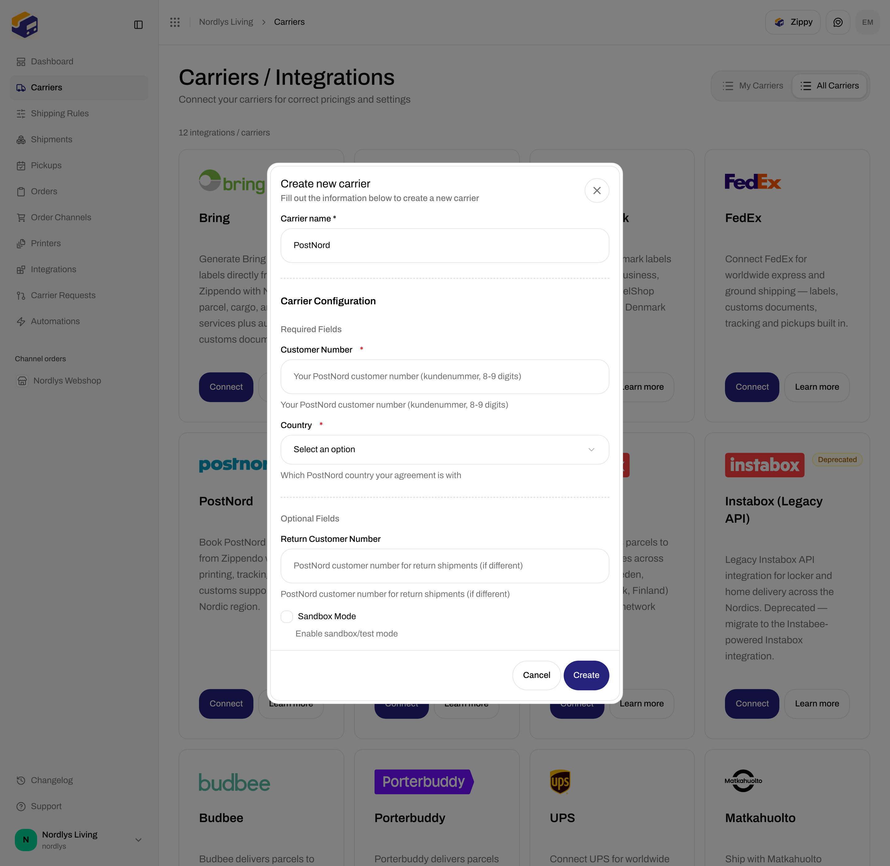 Create new carrier dialog for PostNord with Customer Number and Country dropdown