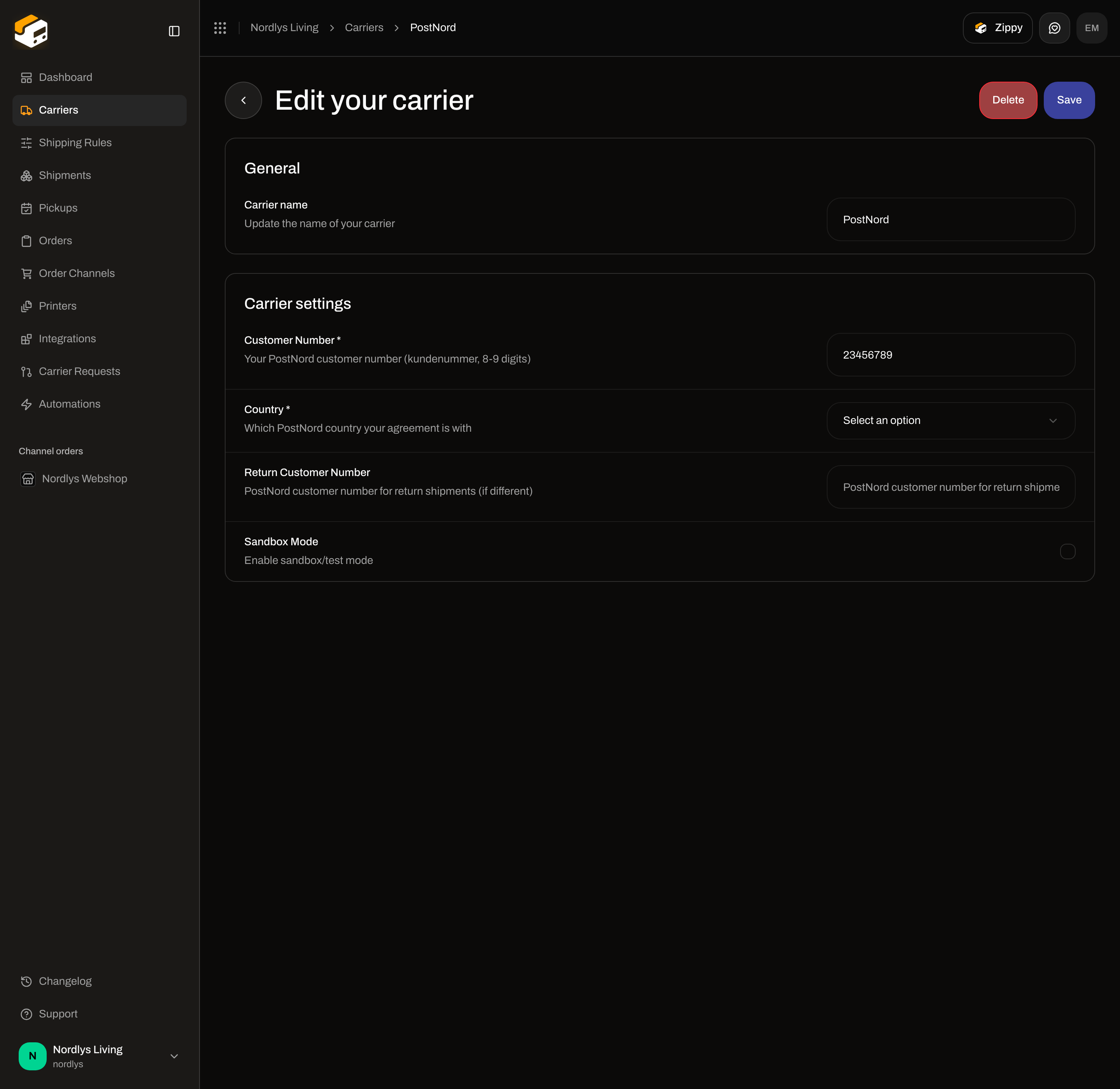 Edit your carrier for PostNord with Customer Number, Country, Return Customer Number, and Sandbox Mode