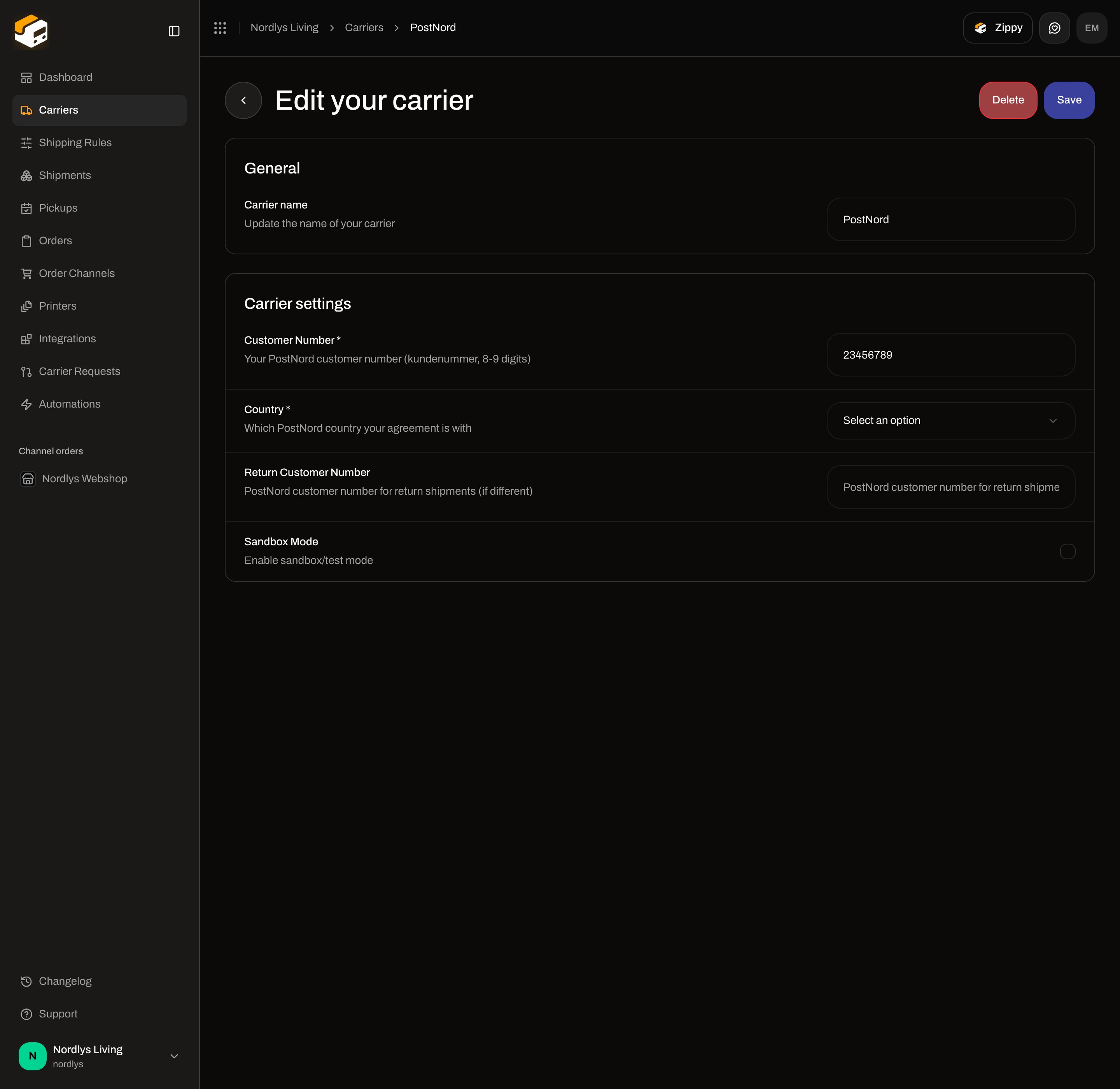 Edit your carrier for PostNord with Customer Number, Country, Return Customer Number, and Sandbox Mode