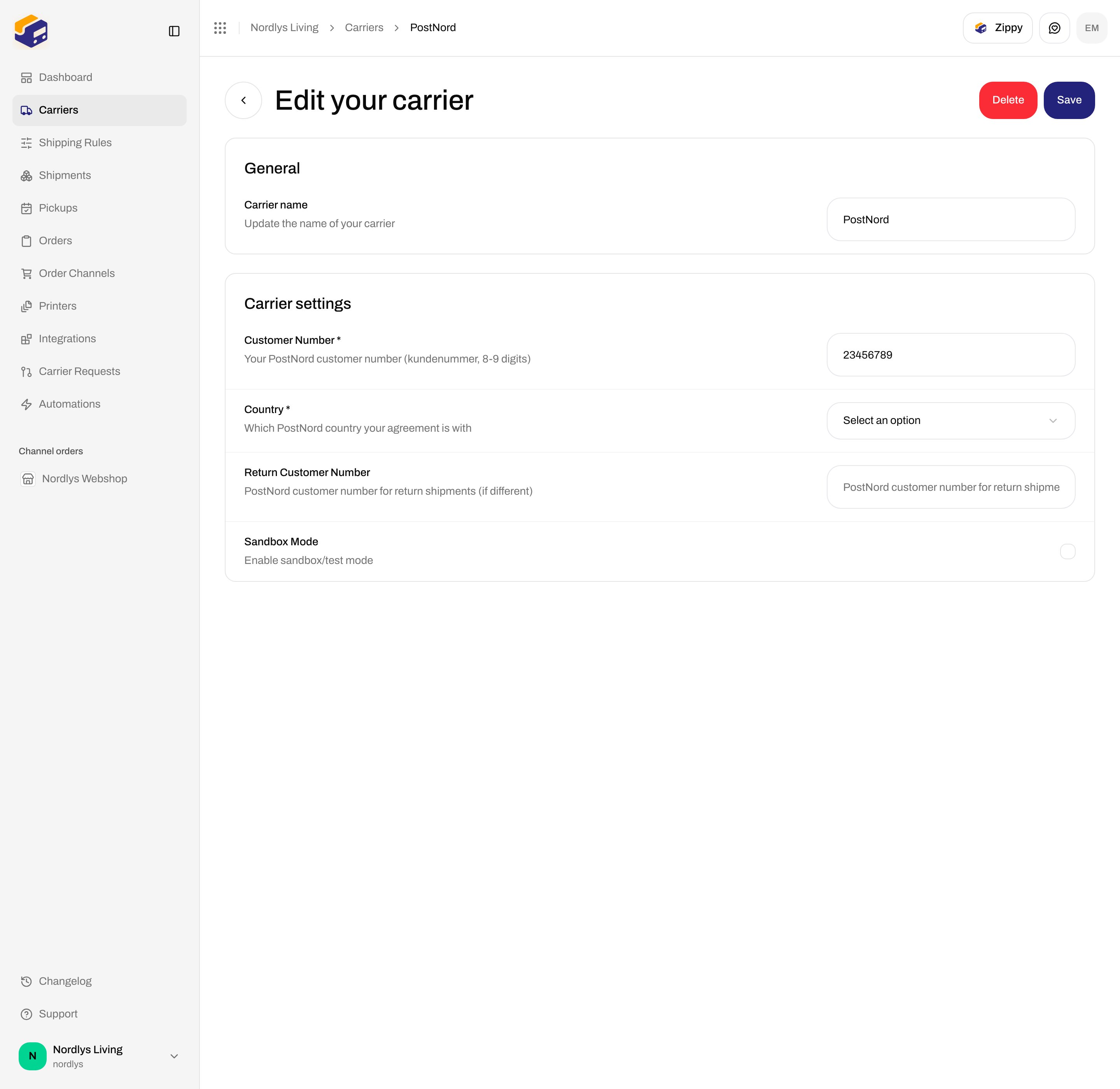 Edit your carrier for PostNord with Customer Number, Country, Return Customer Number, and Sandbox Mode