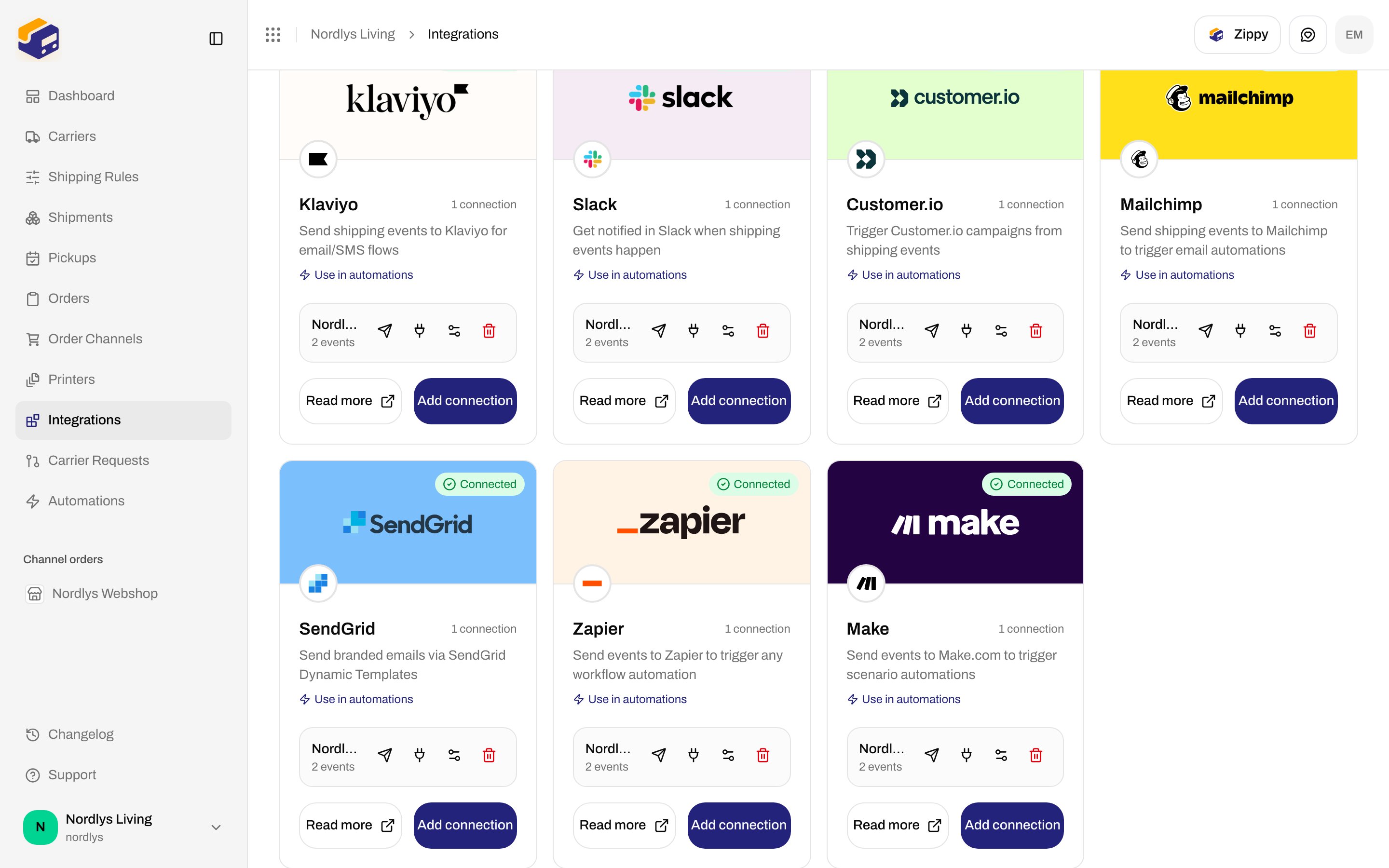 Integrations Catalog with the SendGrid card, Use in automations, Read more, and Connect