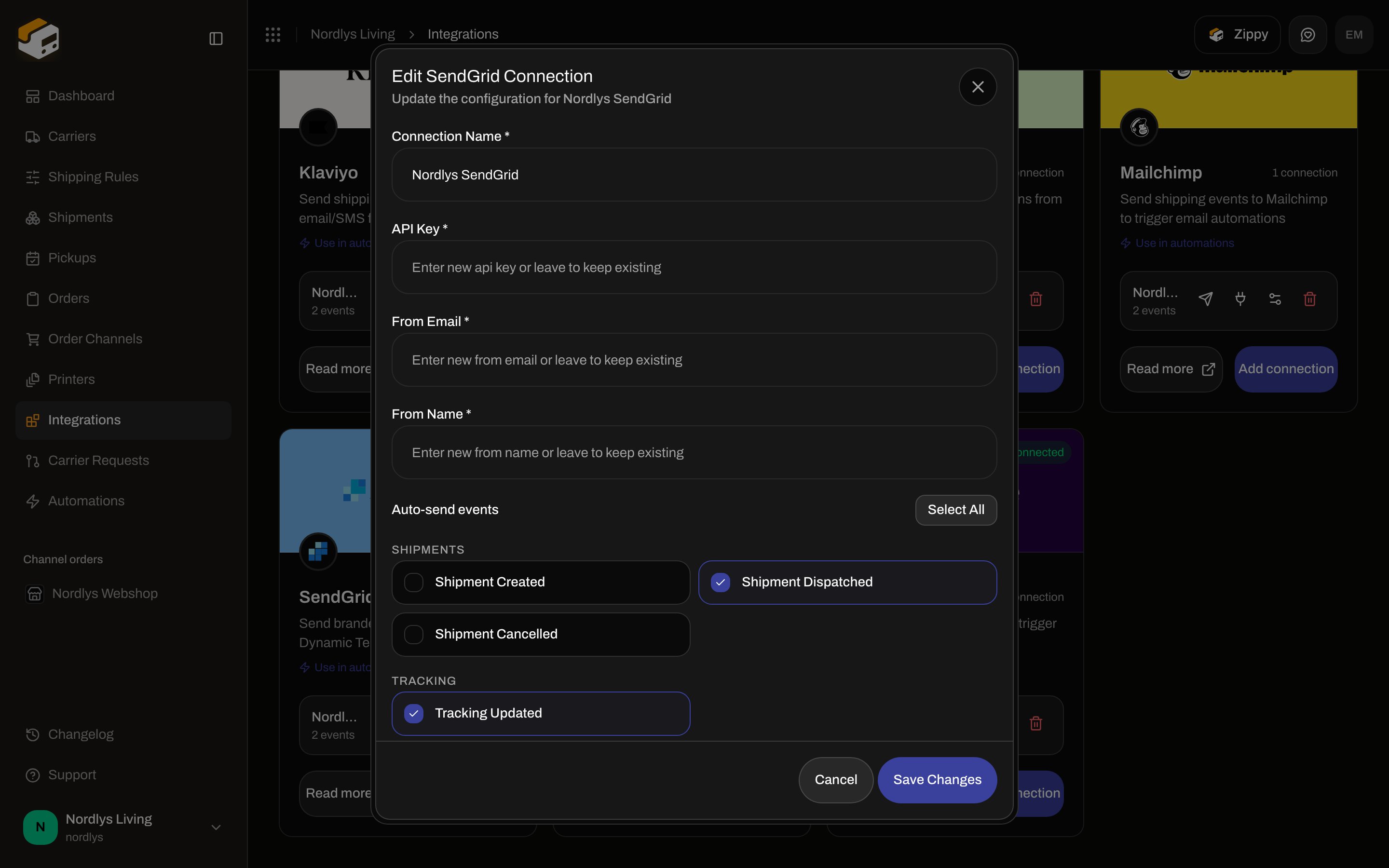 Edit SendGrid Connection dialog with Connection Name, API Key, From Email, From Name, and Auto-send events