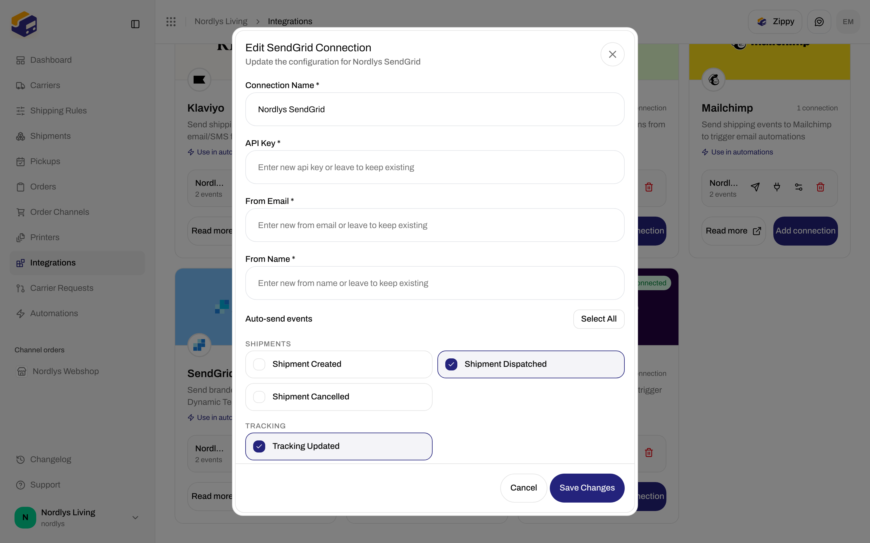 Edit SendGrid Connection dialog with Connection Name, API Key, From Email, From Name, and Auto-send events