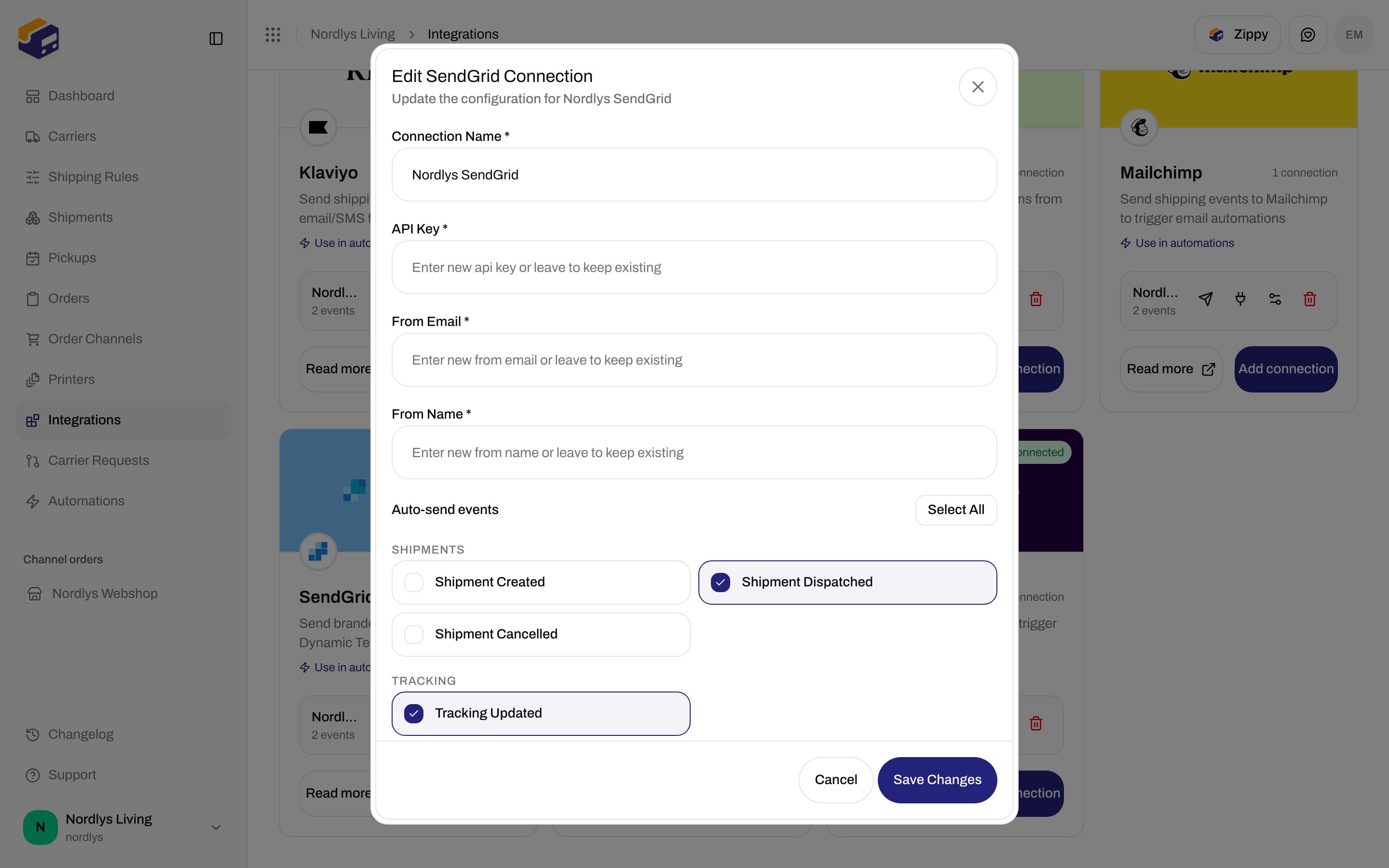 Edit SendGrid Connection dialog with Connection Name, API Key, From Email, From Name, and Auto-send events