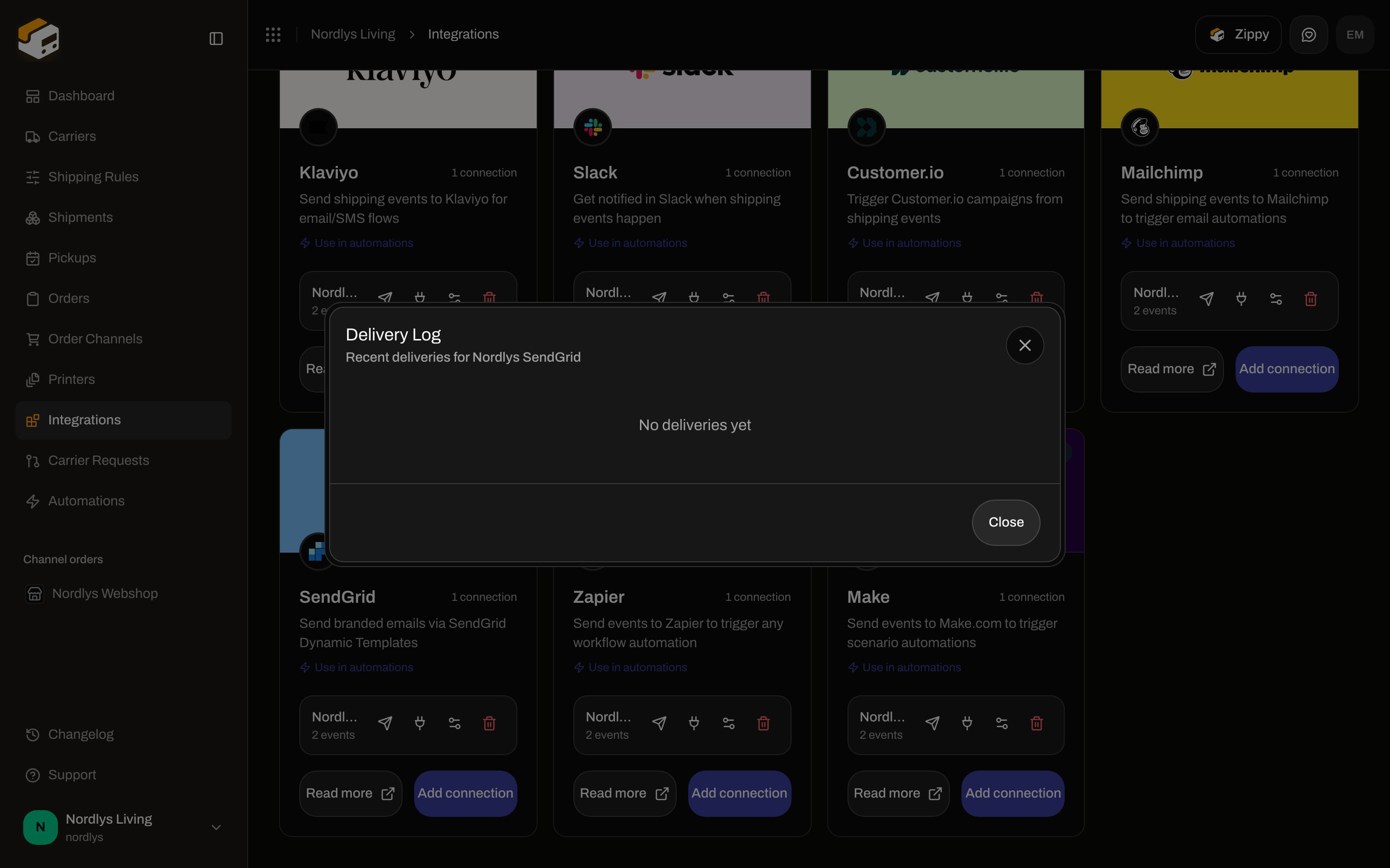Delivery Log modal showing No deliveries yet for a SendGrid connection