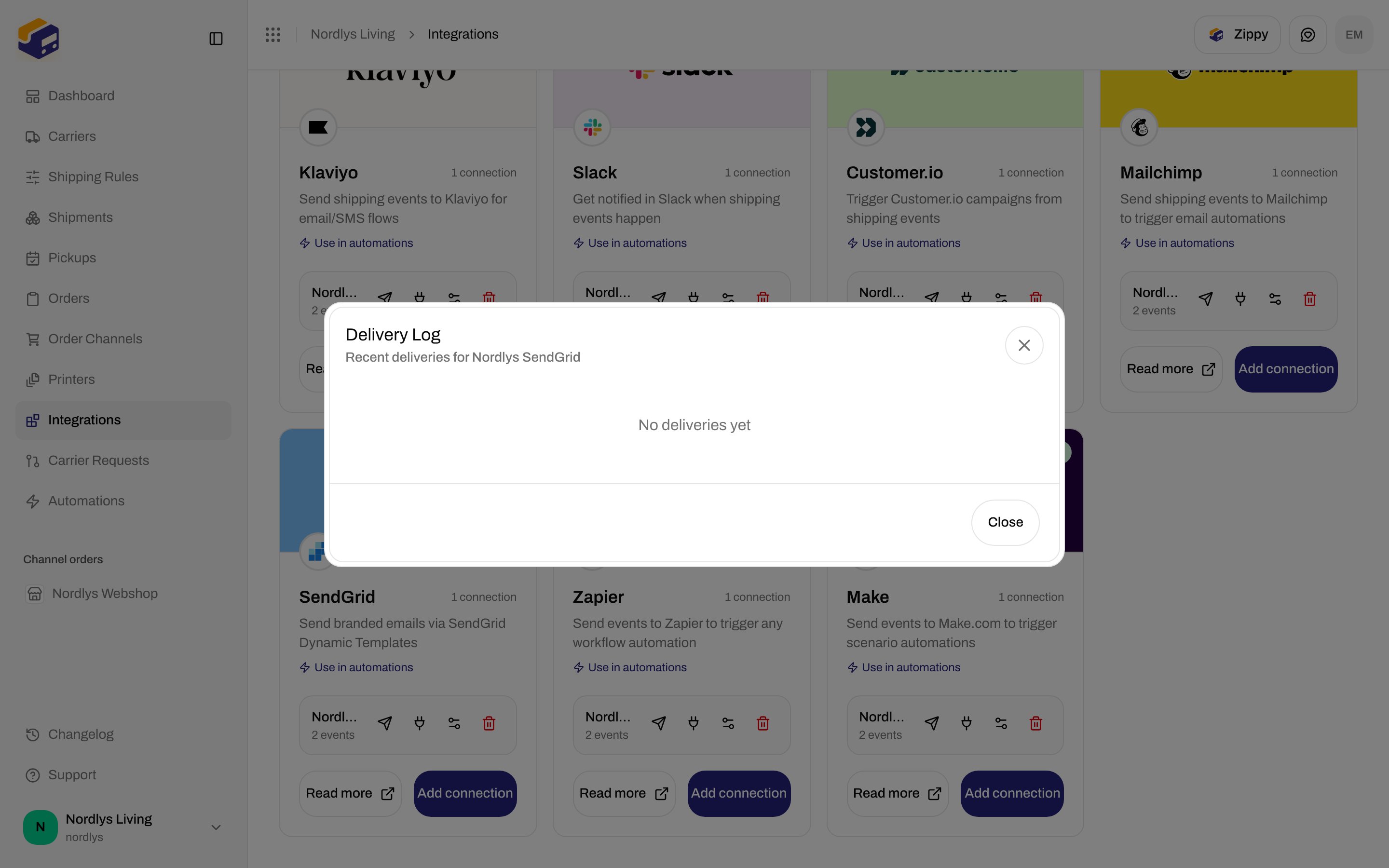 Delivery Log modal showing No deliveries yet for a SendGrid connection