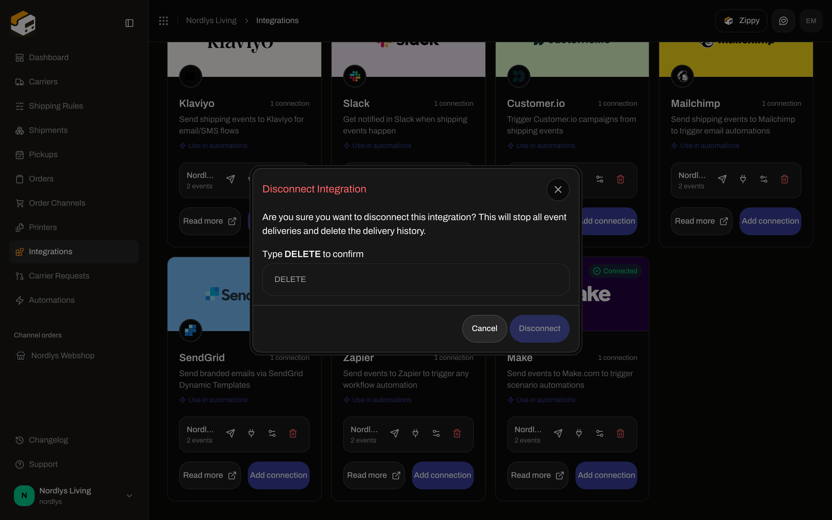 Disconnect Integration confirmation requiring DELETE