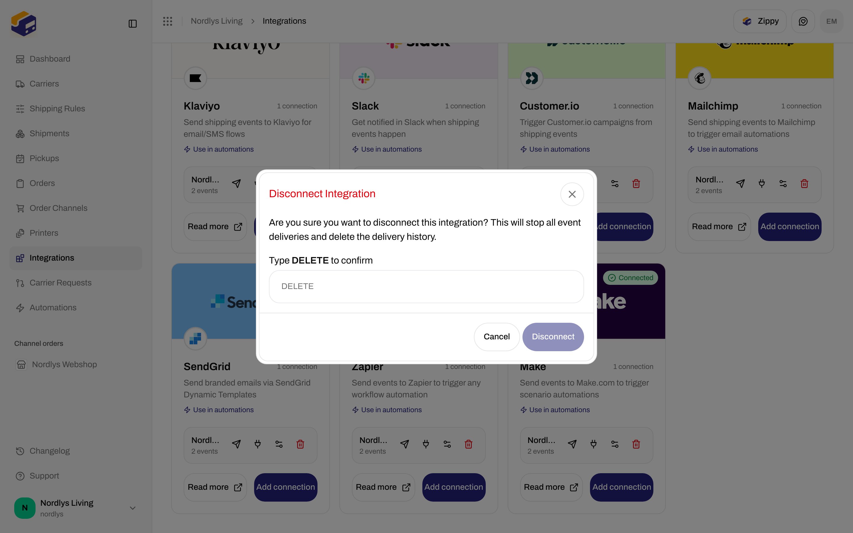 Disconnect Integration confirmation requiring DELETE