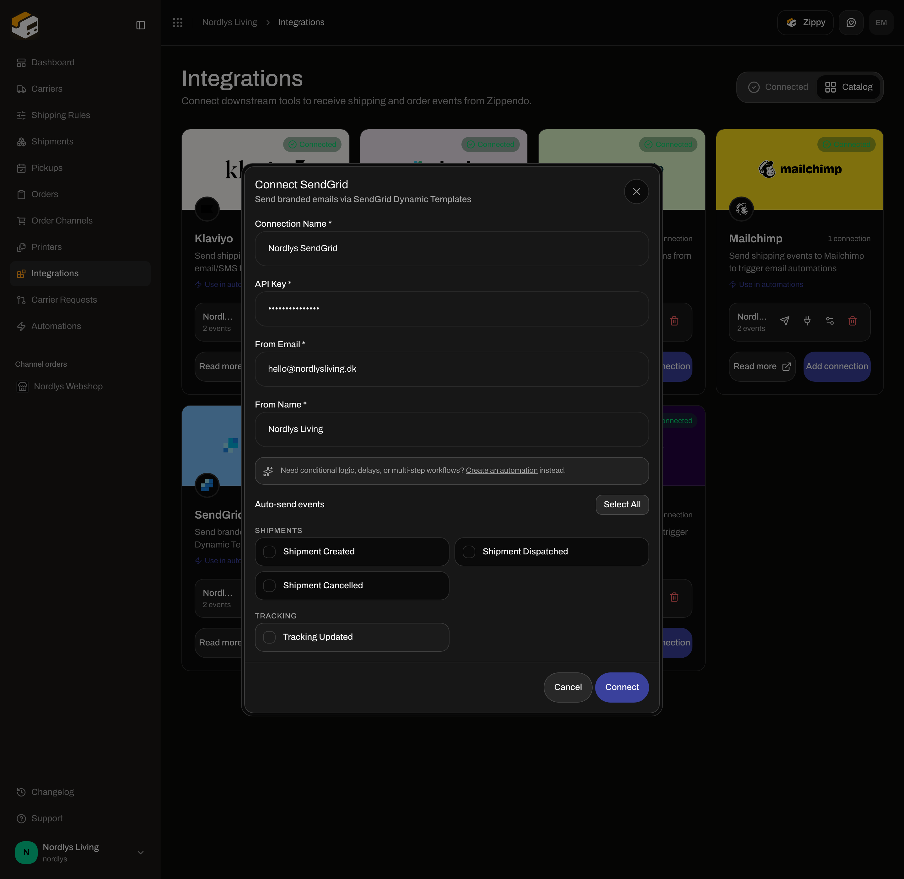 Connect SendGrid dialog scrolled to Auto-send events including Tracking Updated