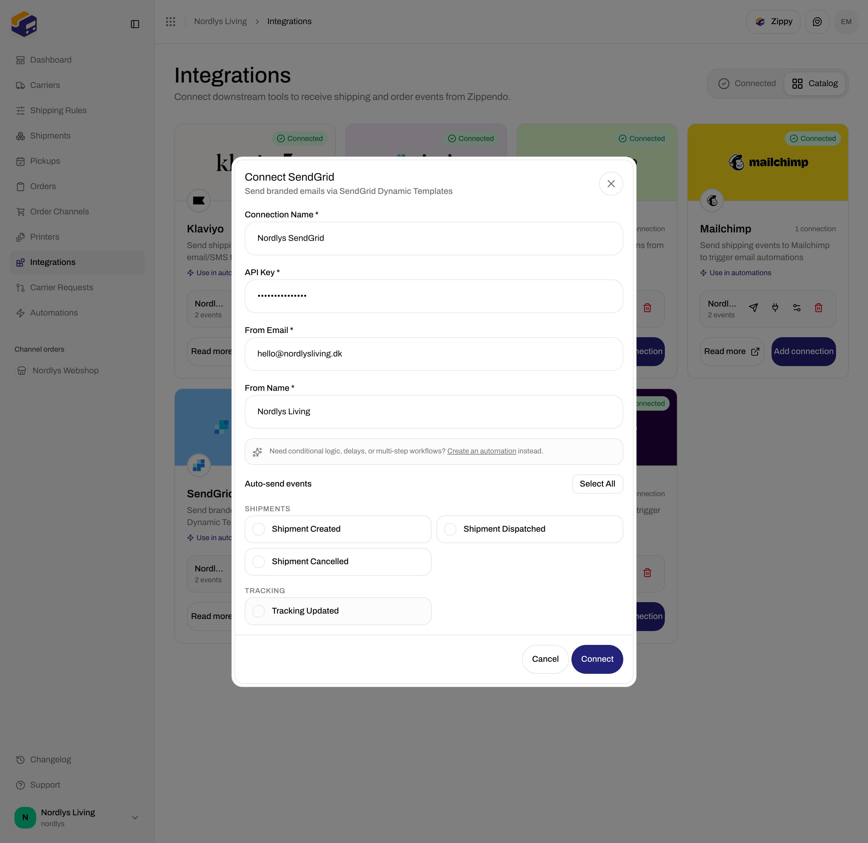Connect SendGrid dialog scrolled to Auto-send events including Tracking Updated