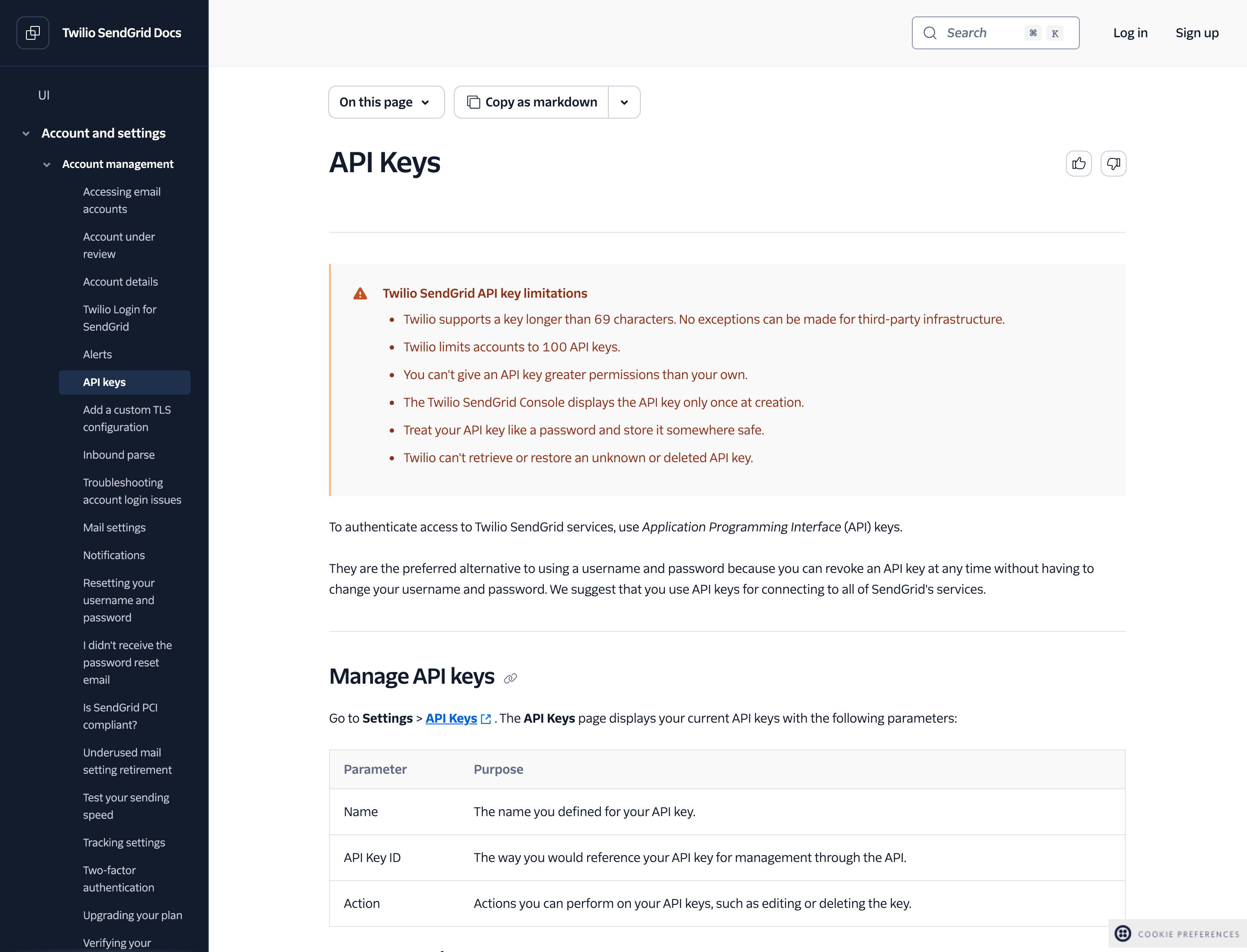 Twilio SendGrid docs for API Keys, with Manage API keys and a Settings then API Keys path