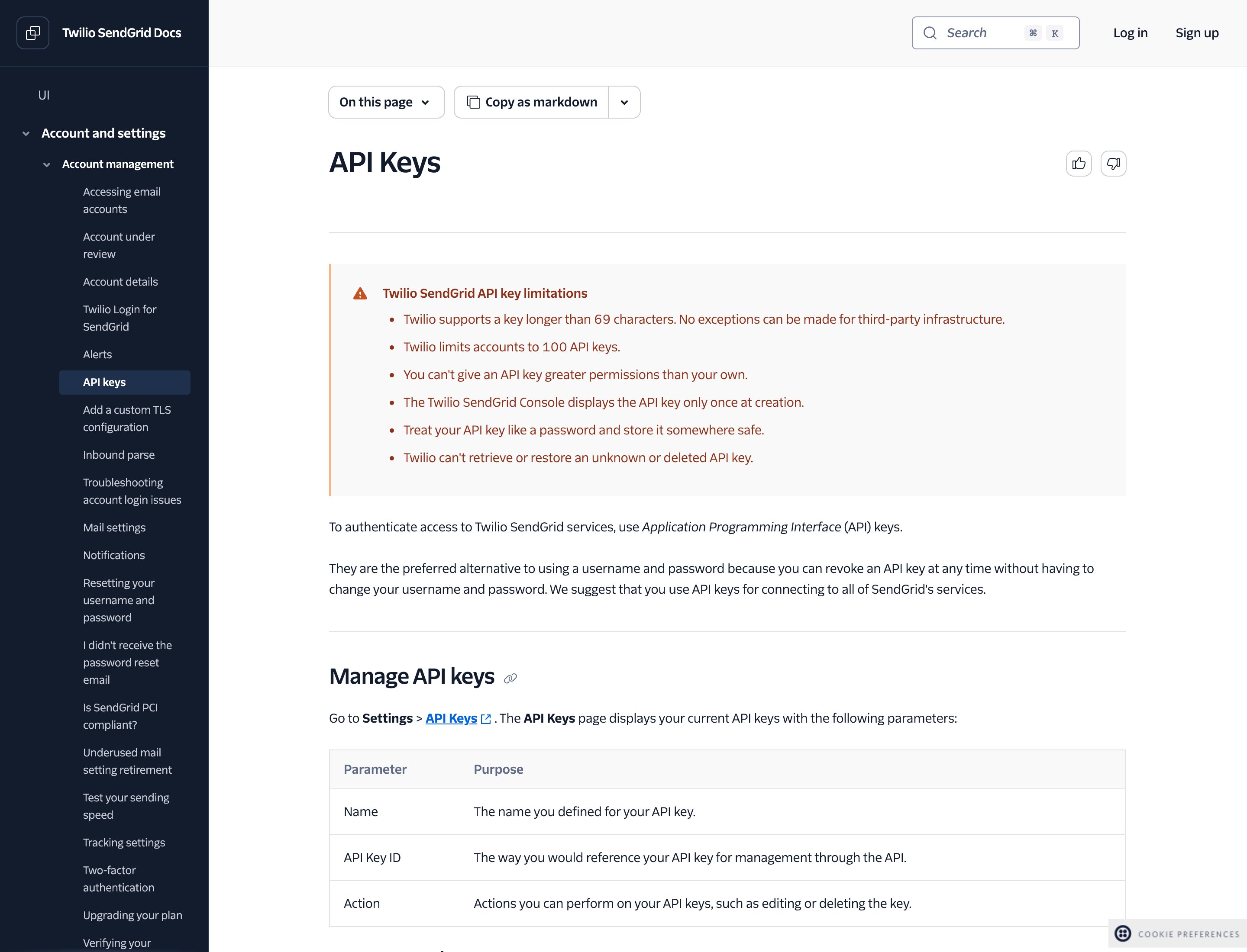Twilio SendGrid docs for API Keys, with Manage API keys and a Settings then API Keys path