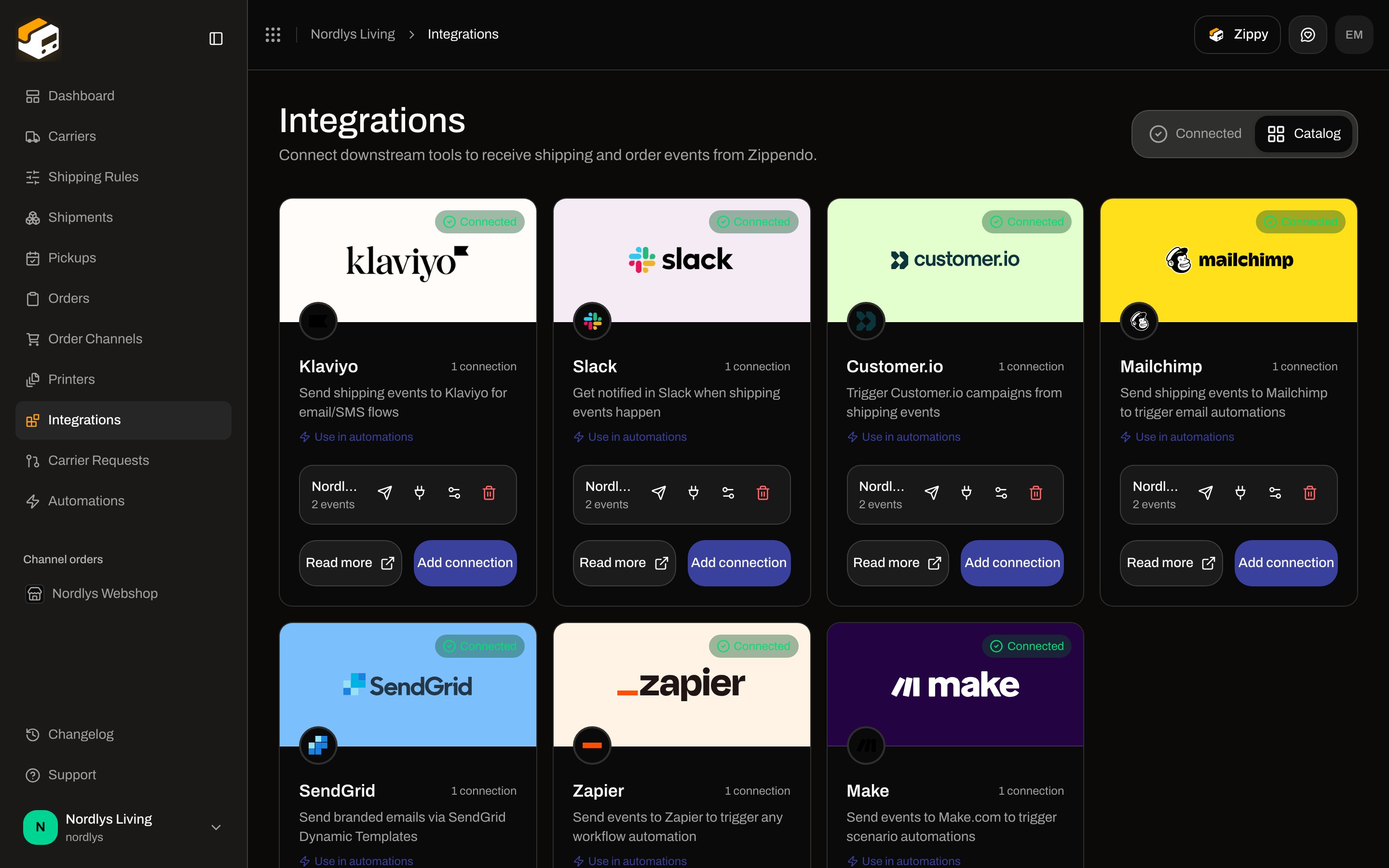 Integrations Catalog with the Slack card, Use in automations, Read more, and Connect