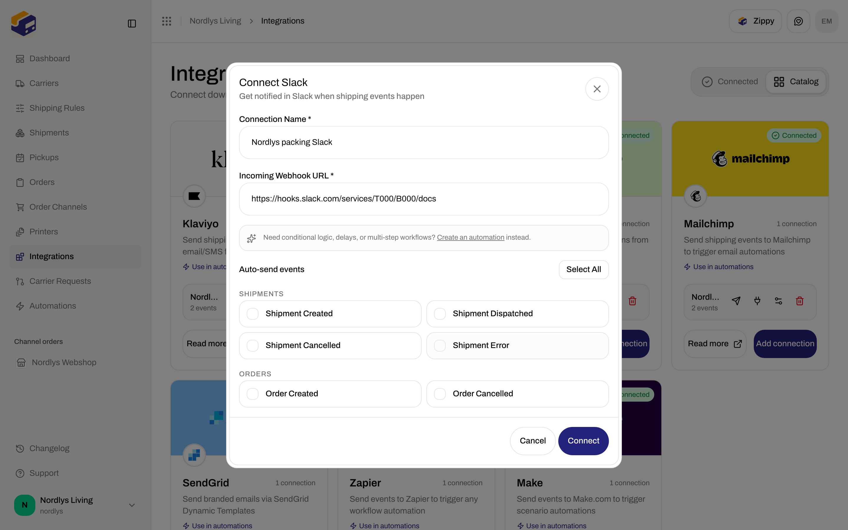 Connect Slack dialog with Connection Name, Incoming Webhook URL, automation hint, and event checkboxes