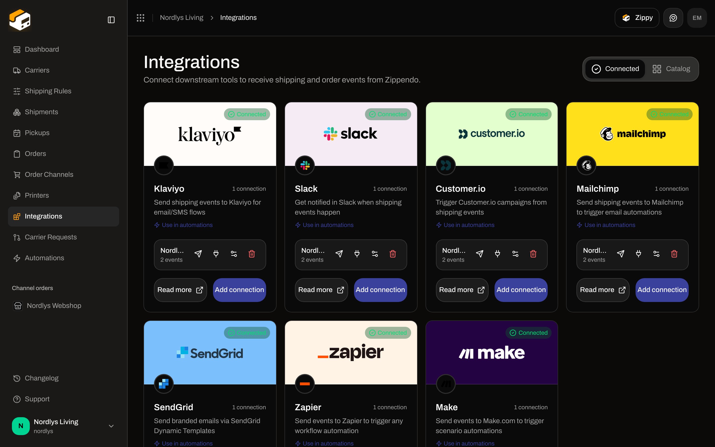 Integrations Connected tab with a Slack connection and action icons
