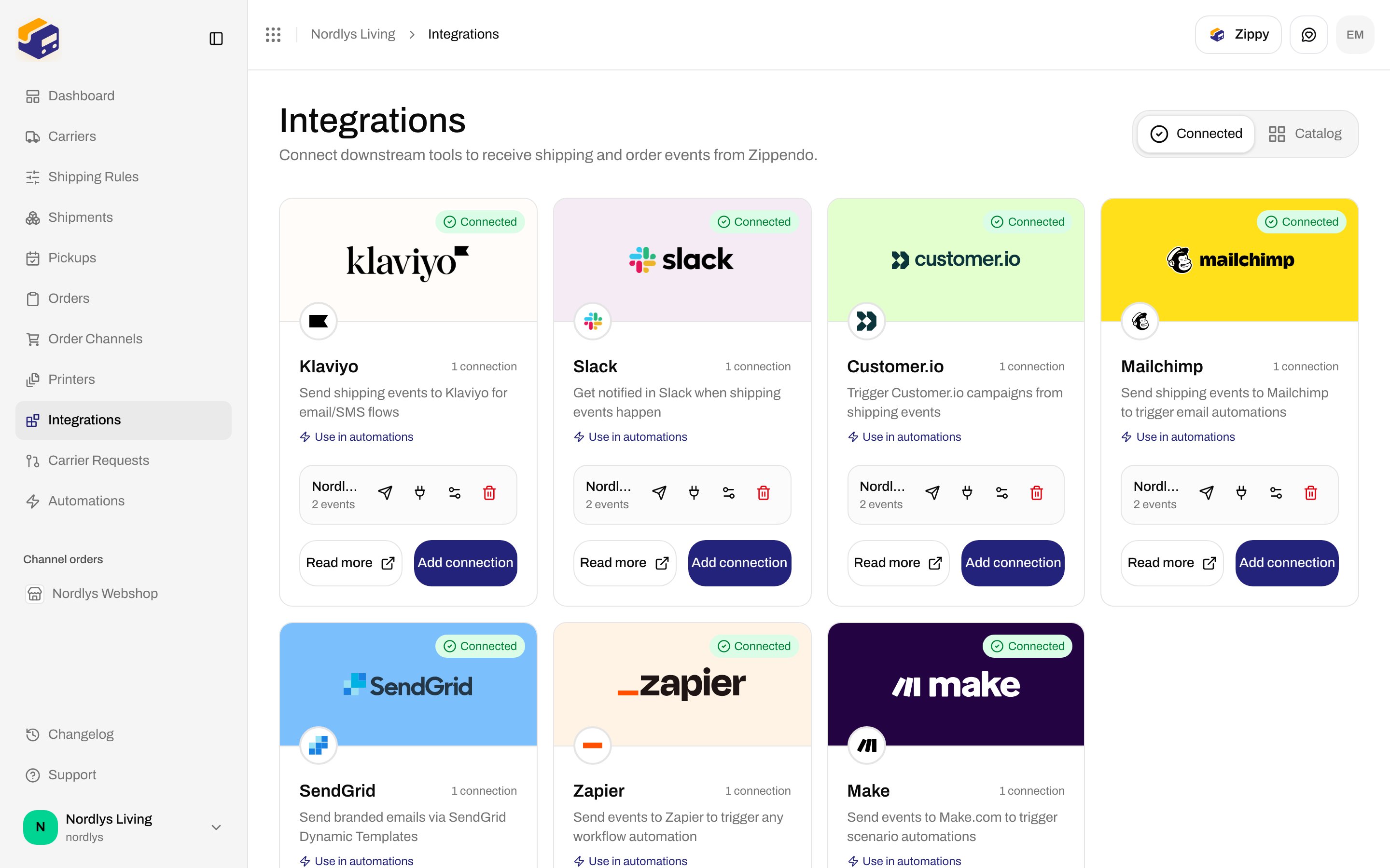 Integrations Connected tab with a Slack connection and action icons