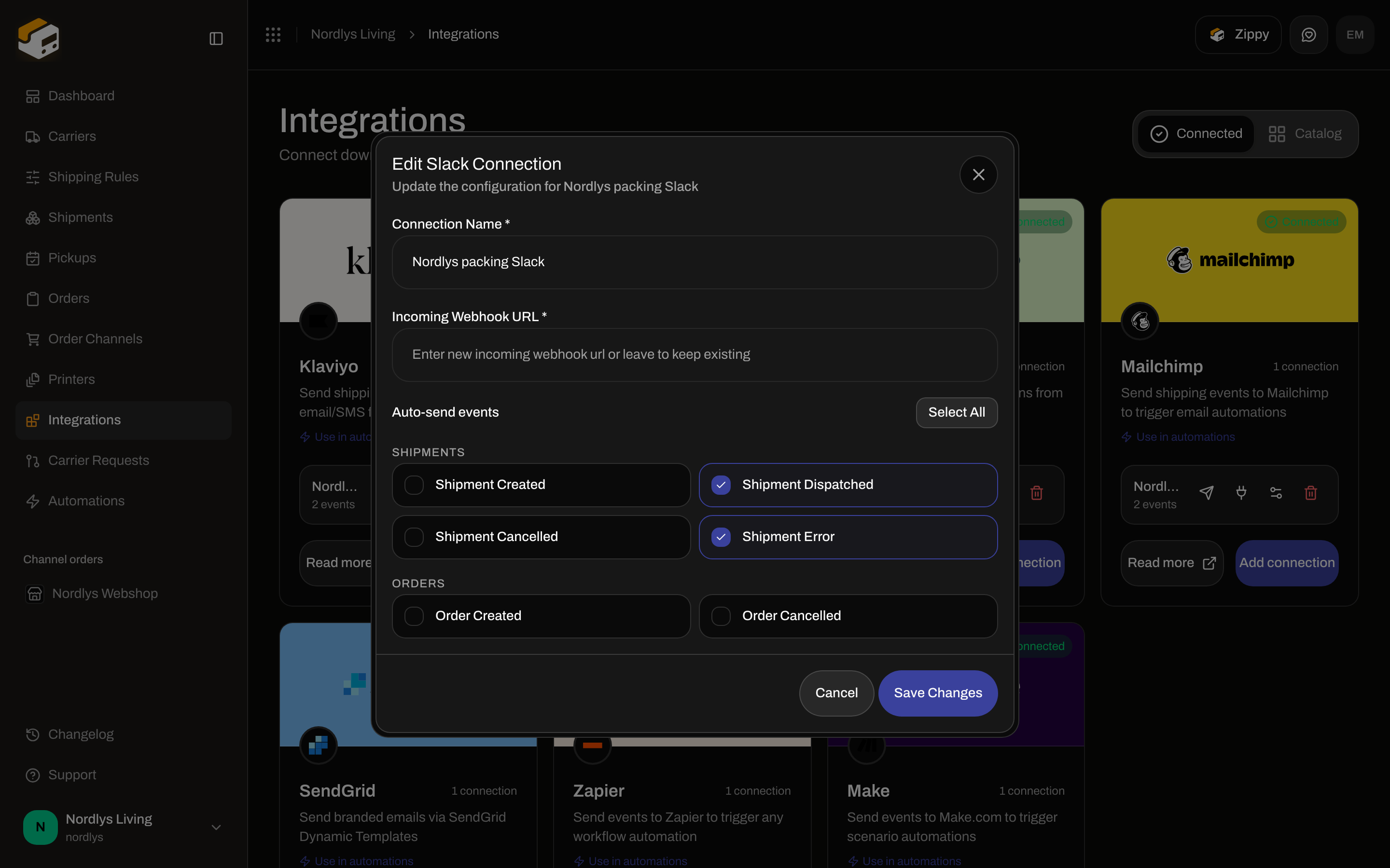 Edit Slack Connection dialog with Connection Name, Incoming Webhook URL, and Auto-send events
