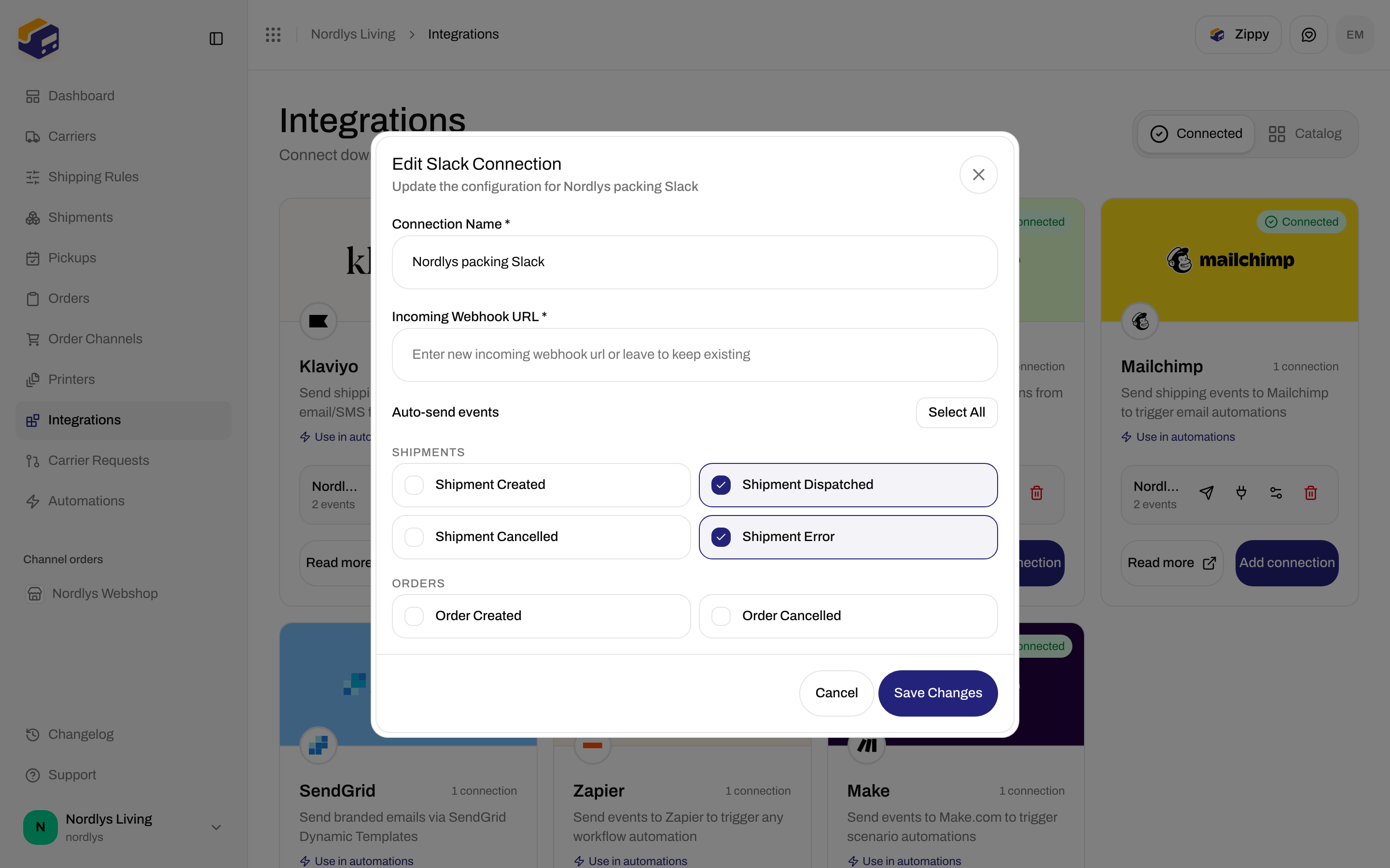 Edit Slack Connection dialog with Connection Name, Incoming Webhook URL, and Auto-send events