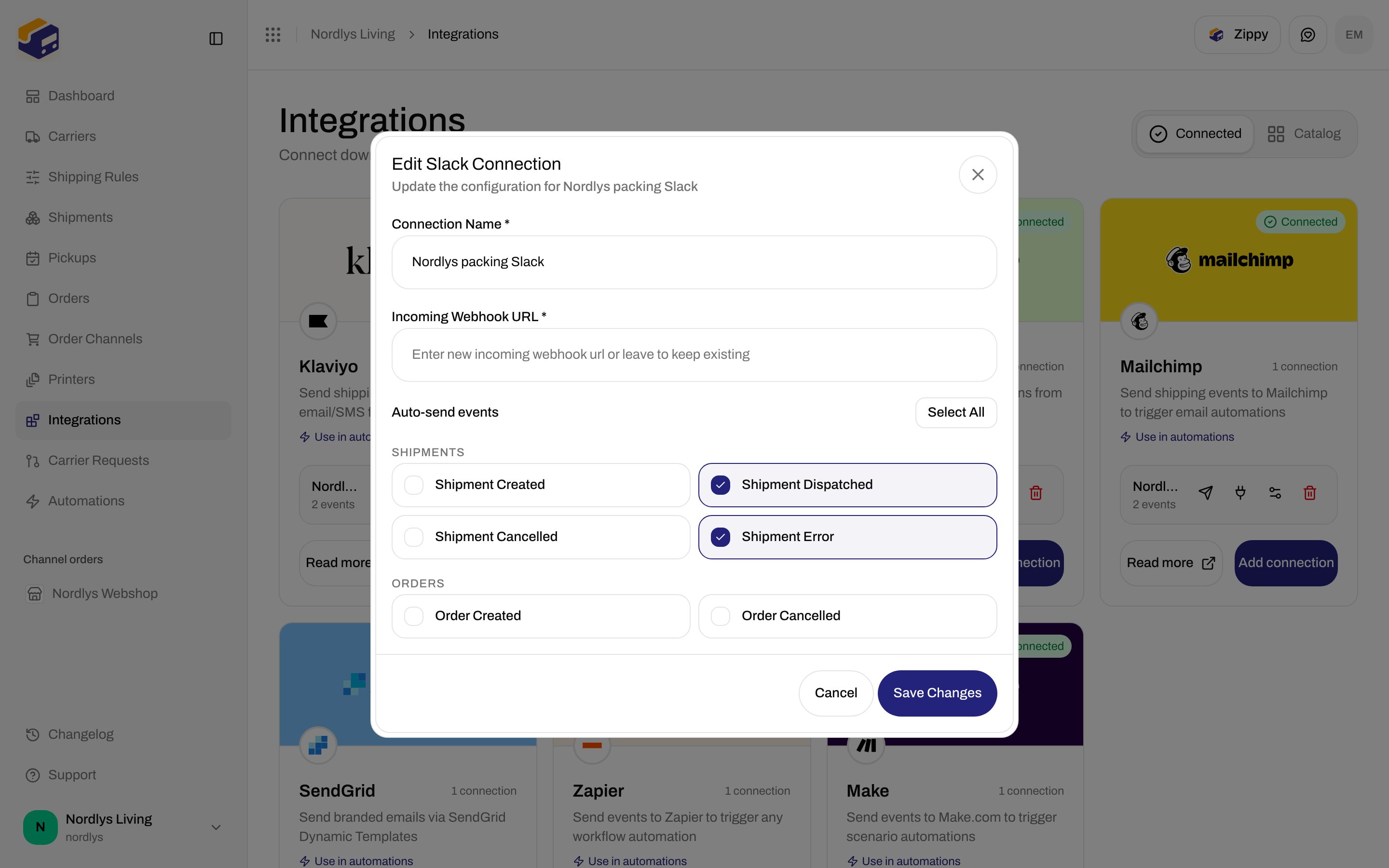Edit Slack Connection dialog with Connection Name, Incoming Webhook URL, and Auto-send events
