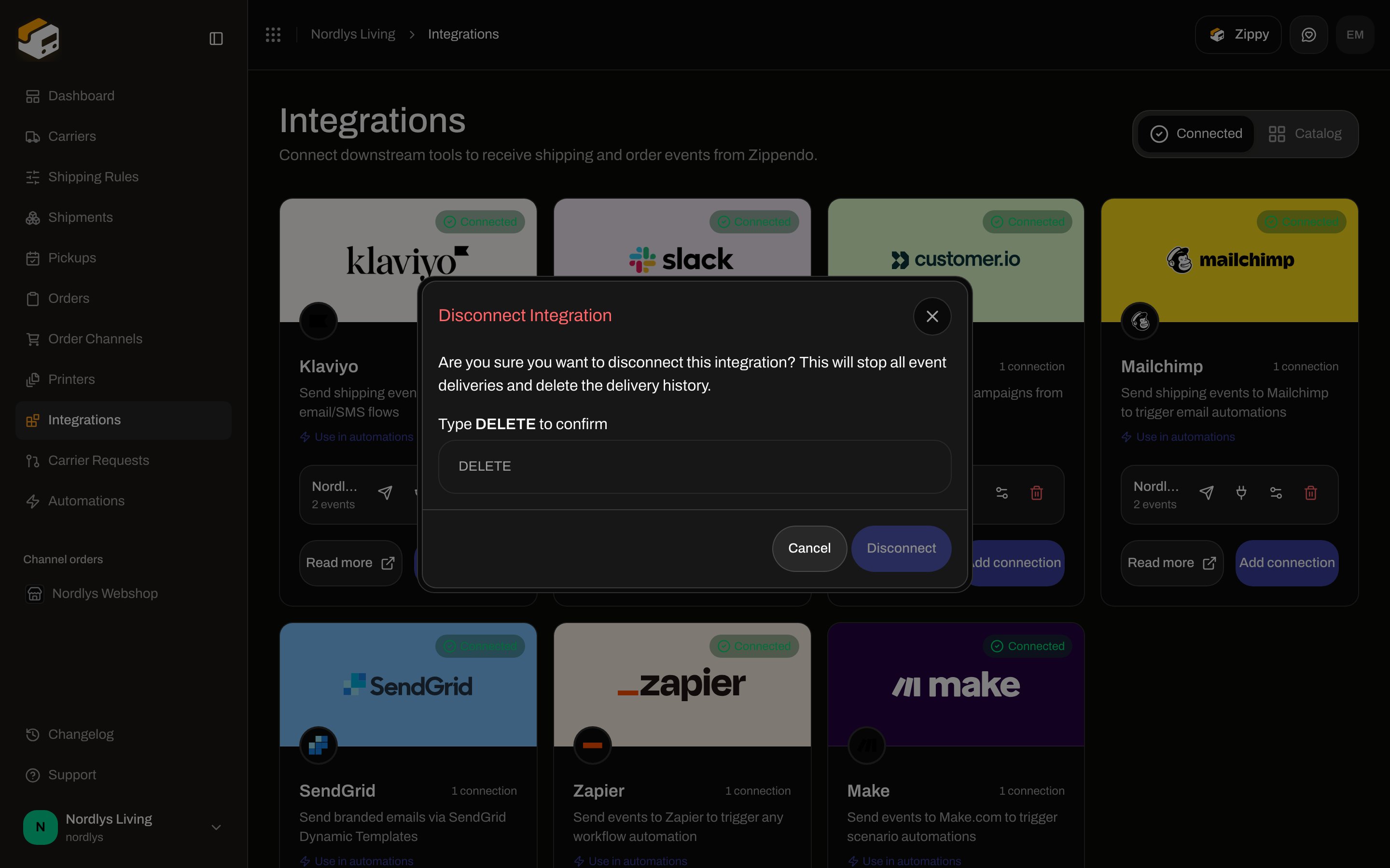 Disconnect Integration confirmation requiring DELETE