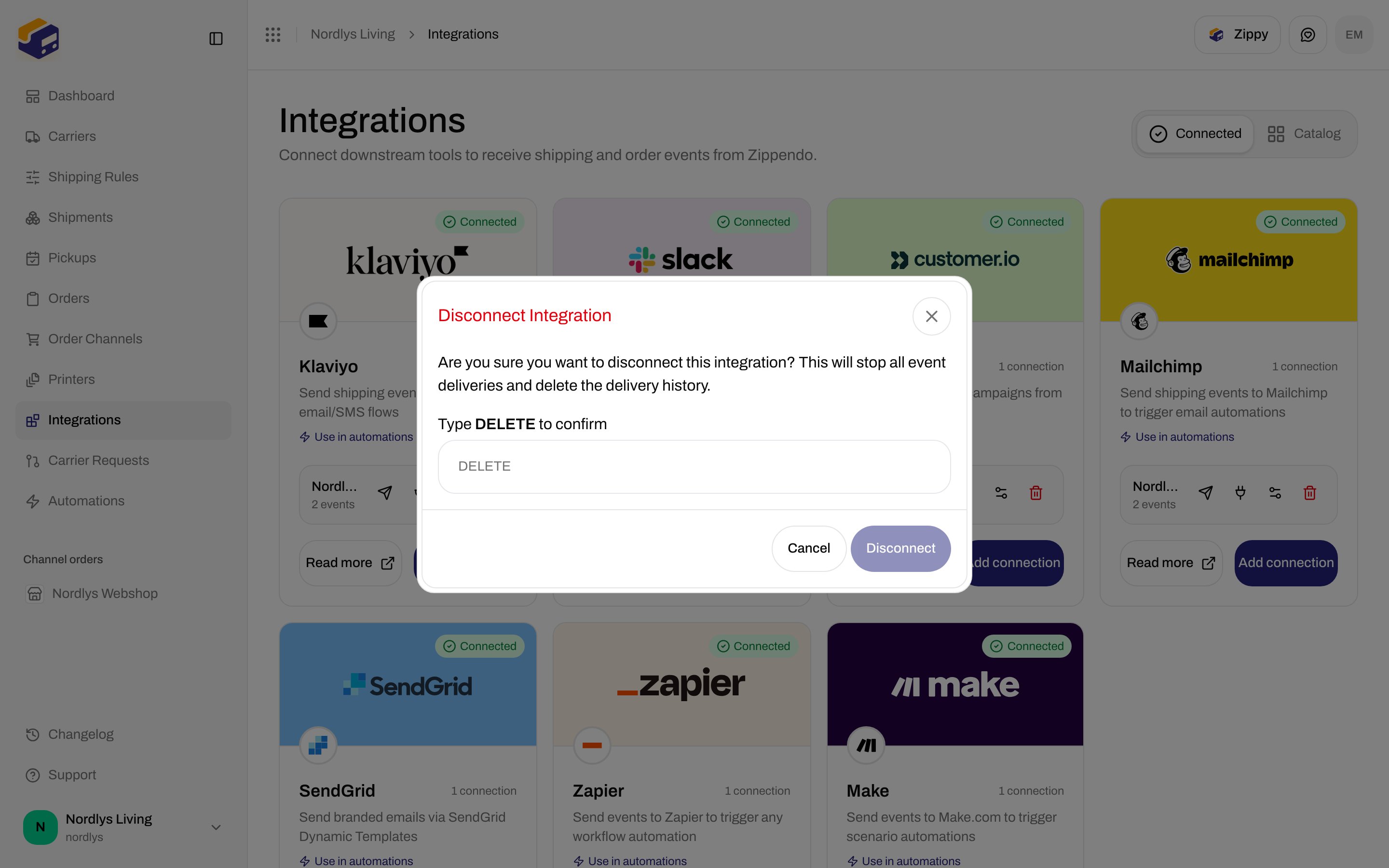 Disconnect Integration confirmation requiring DELETE