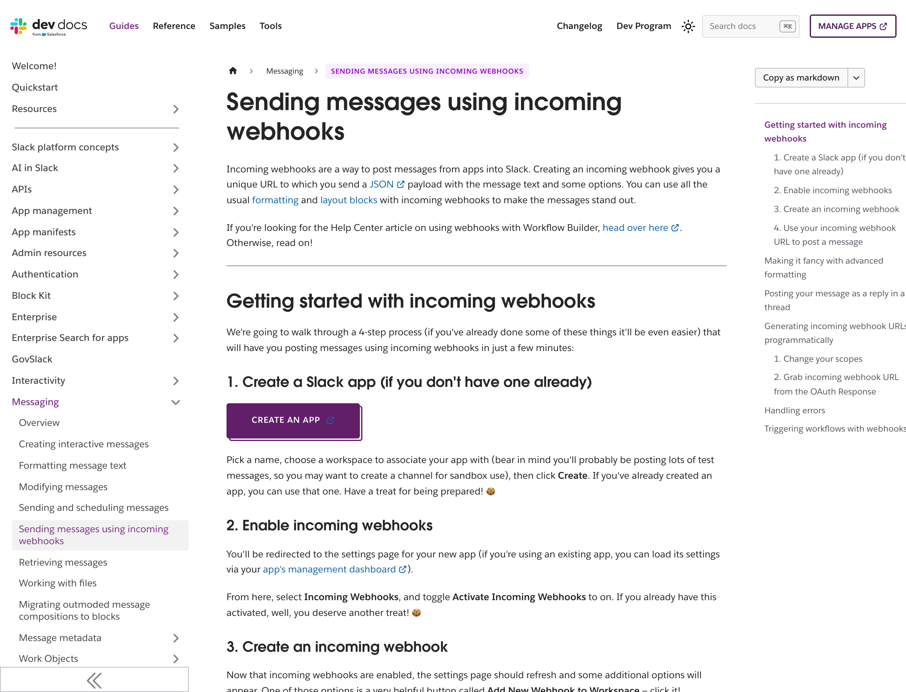 Slack developer docs for sending messages using incoming webhooks, with Create an app and Enable incoming webhooks steps