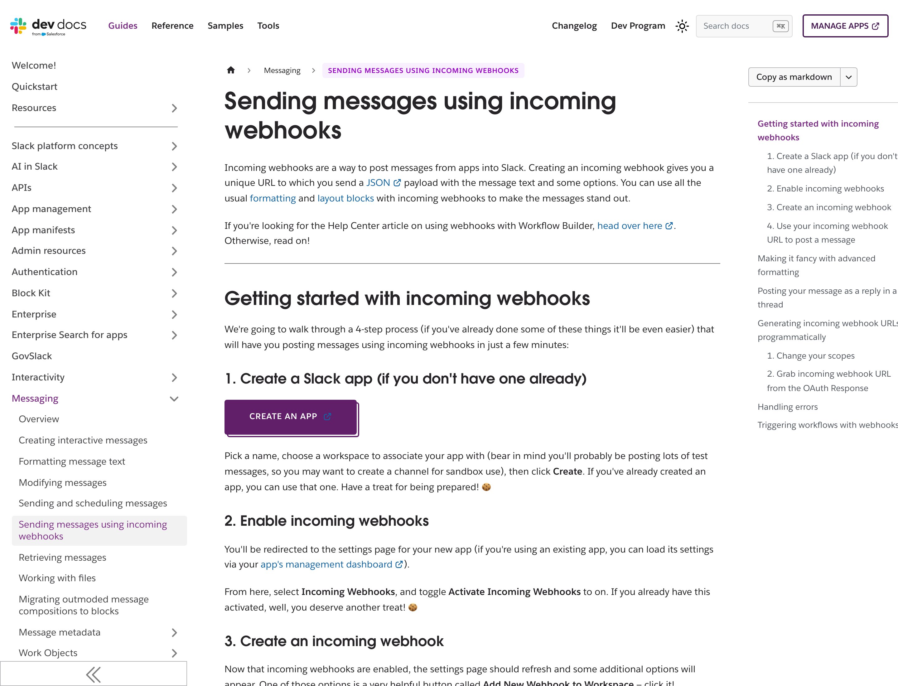 Slack developer docs for sending messages using incoming webhooks, with Create an app and Enable incoming webhooks steps