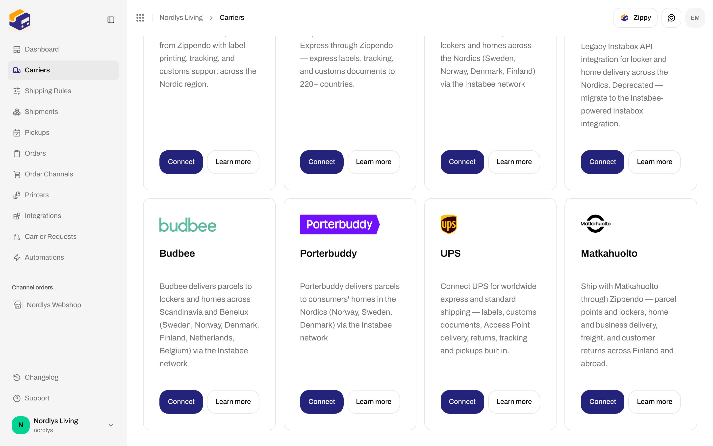 All Carriers grid with the UPS card, Connect, and Learn more