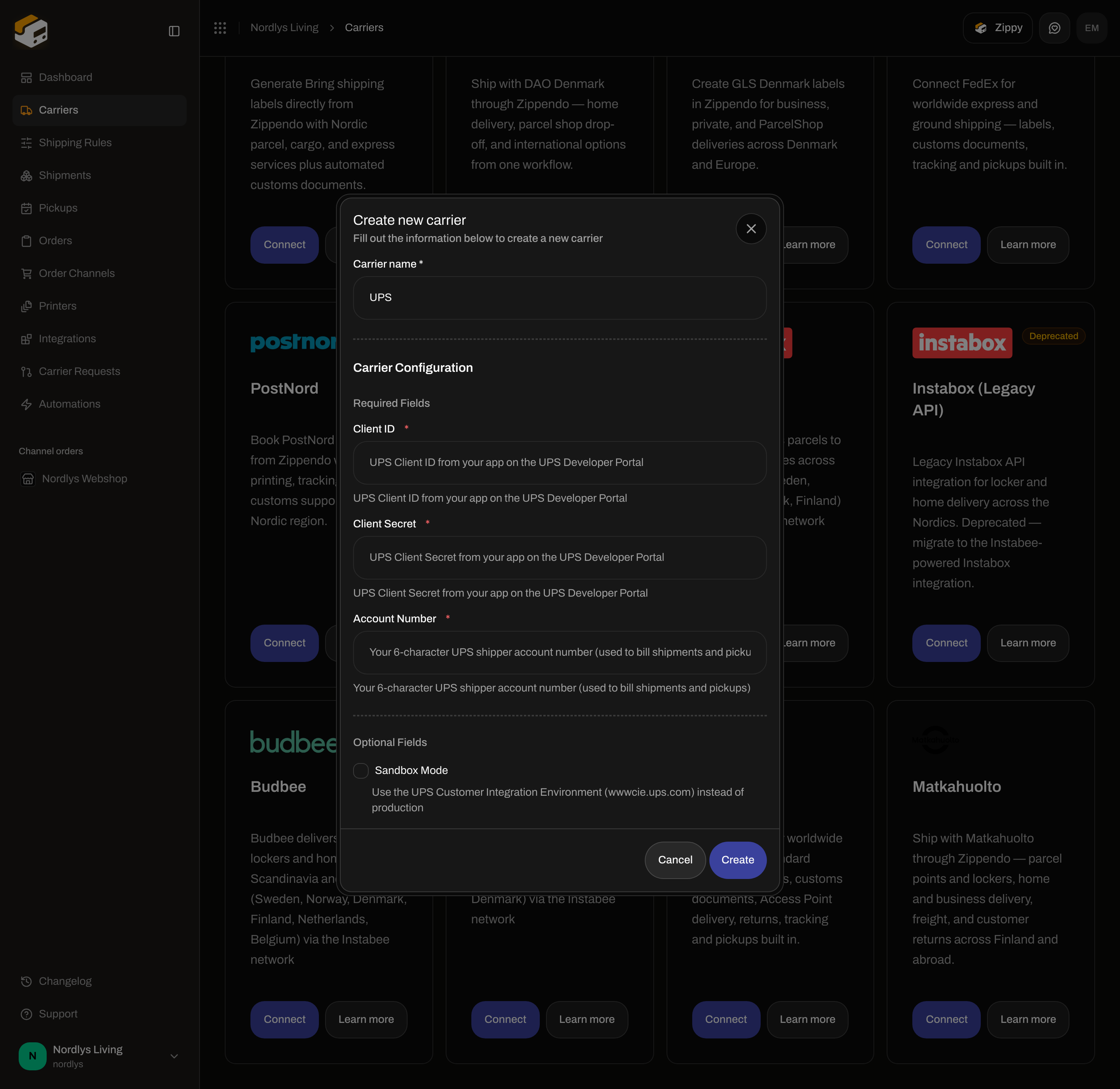 Create new carrier dialog for UPS with required Client ID, Client Secret, and Account Number