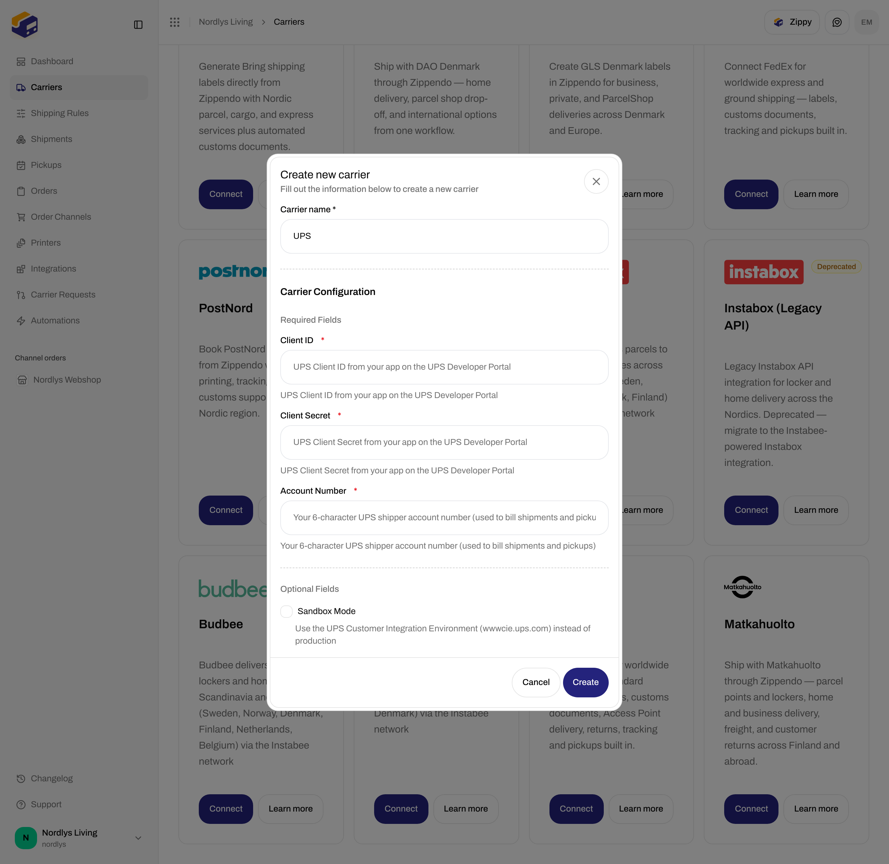 Create new carrier dialog for UPS with required Client ID, Client Secret, and Account Number