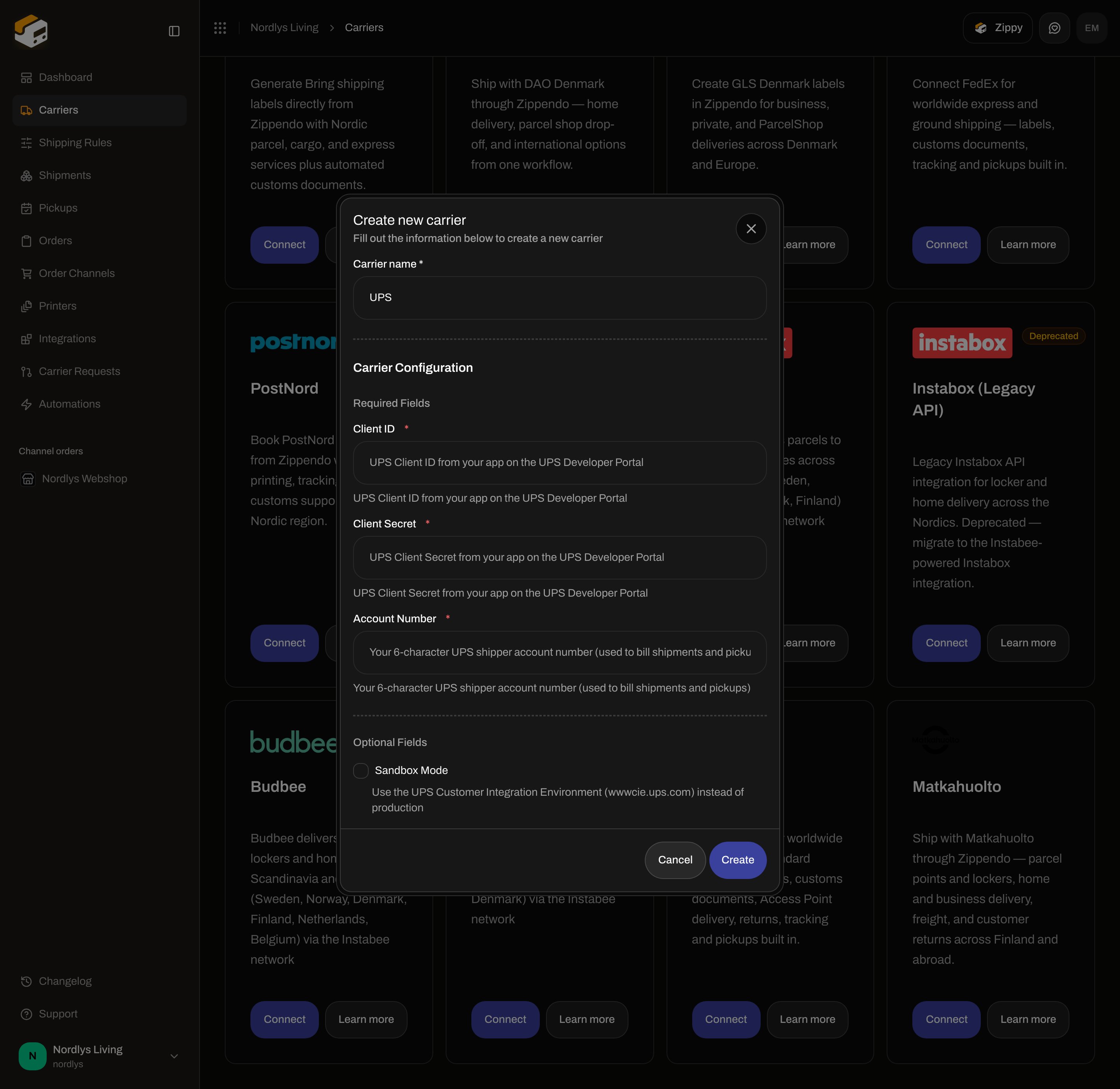 UPS connect form scrolled to Optional Fields and the Sandbox Mode checkbox