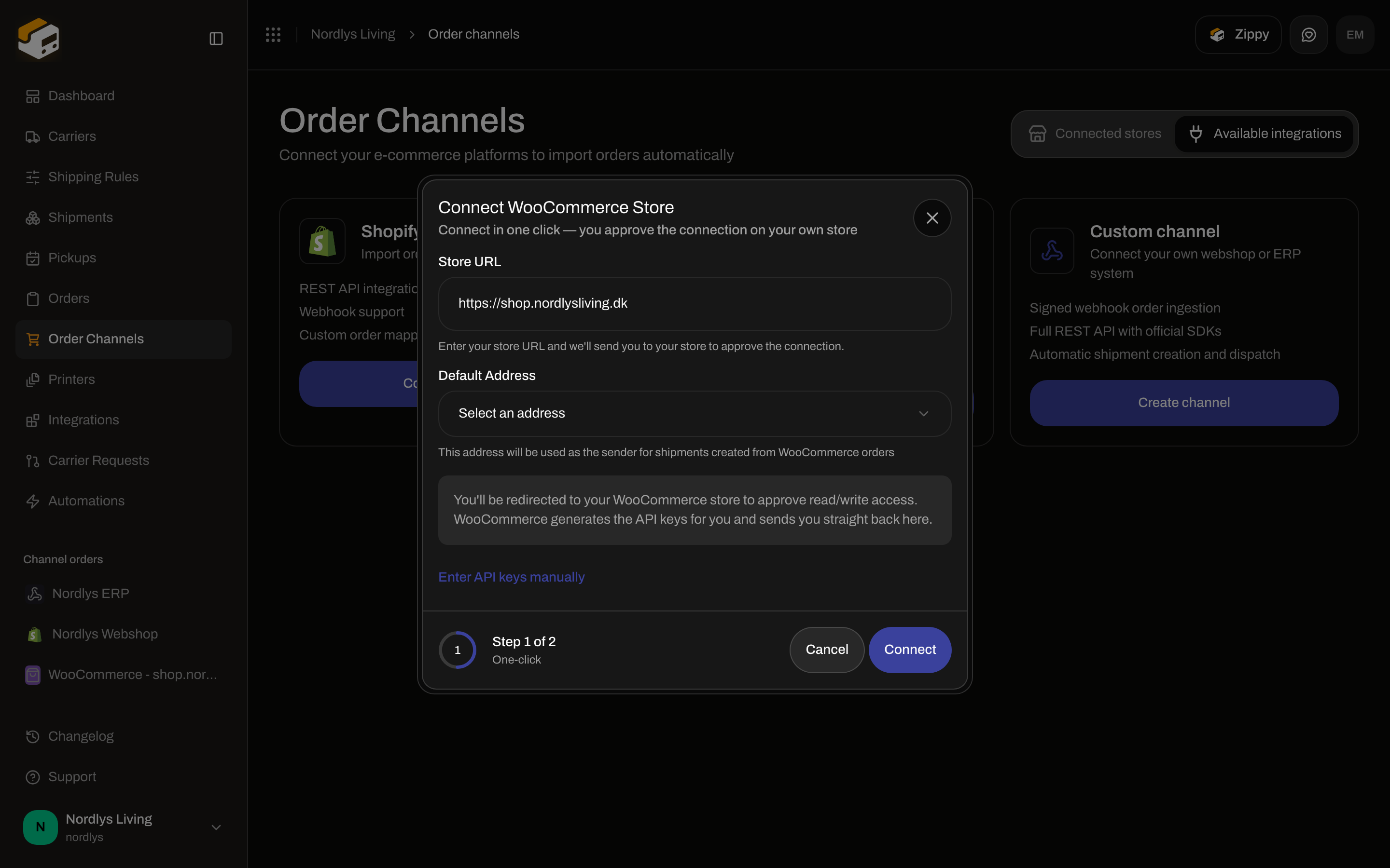 Connect WooCommerce Store modal on the One-click step with Store URL, Default Address, Connect, and Enter API keys manually
