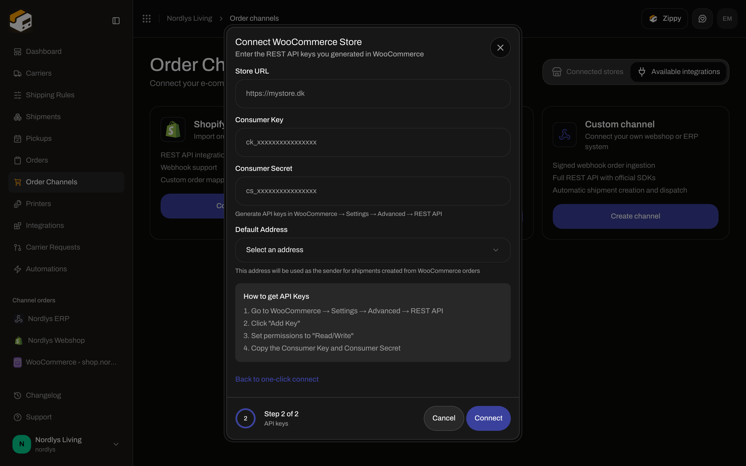 Connect WooCommerce Store modal on the API keys step with Store URL, Consumer Key, Consumer Secret, Default Address, and How to get API Keys