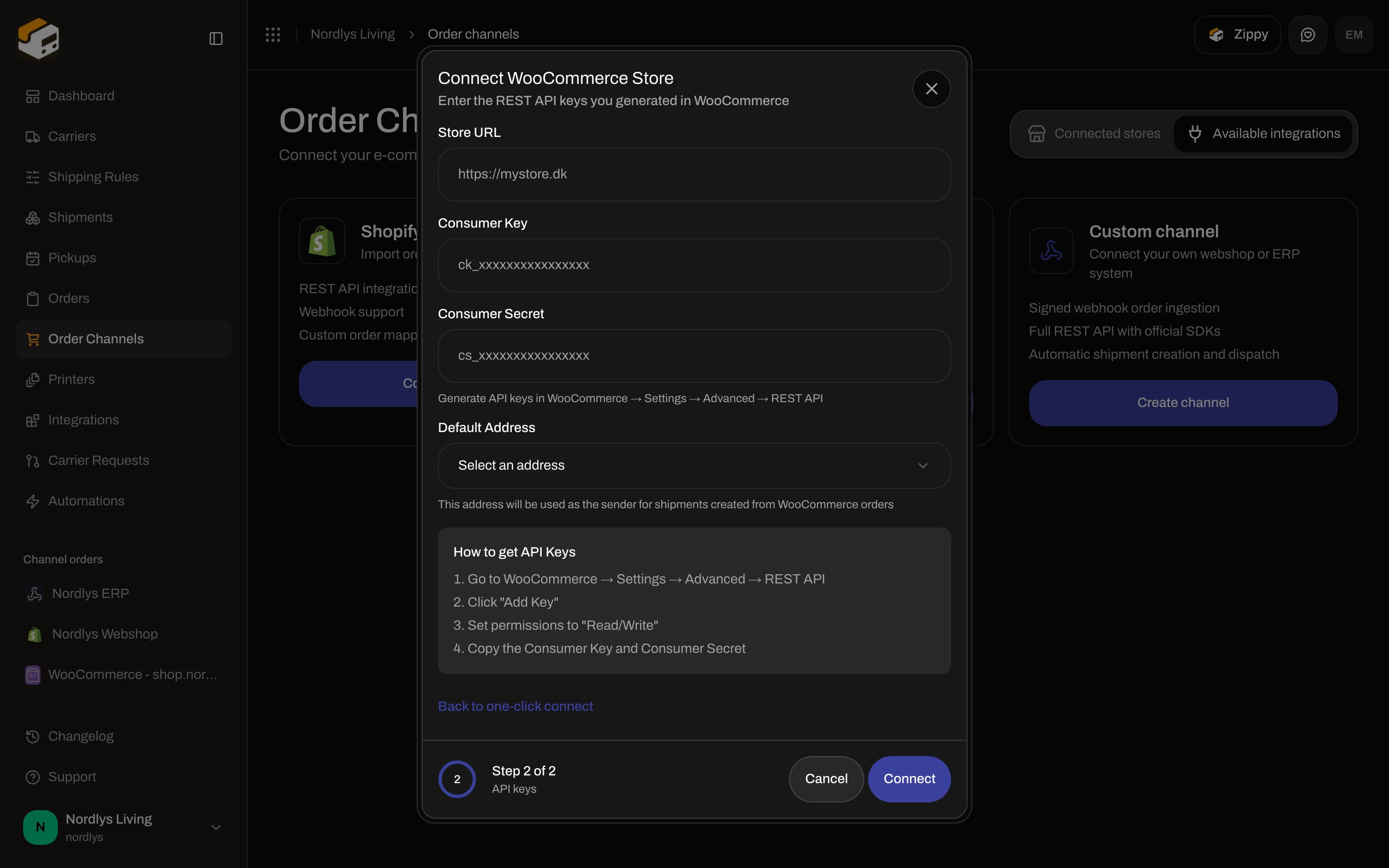 Connect WooCommerce Store modal on the API keys step with Store URL, Consumer Key, Consumer Secret, Default Address, and How to get API Keys