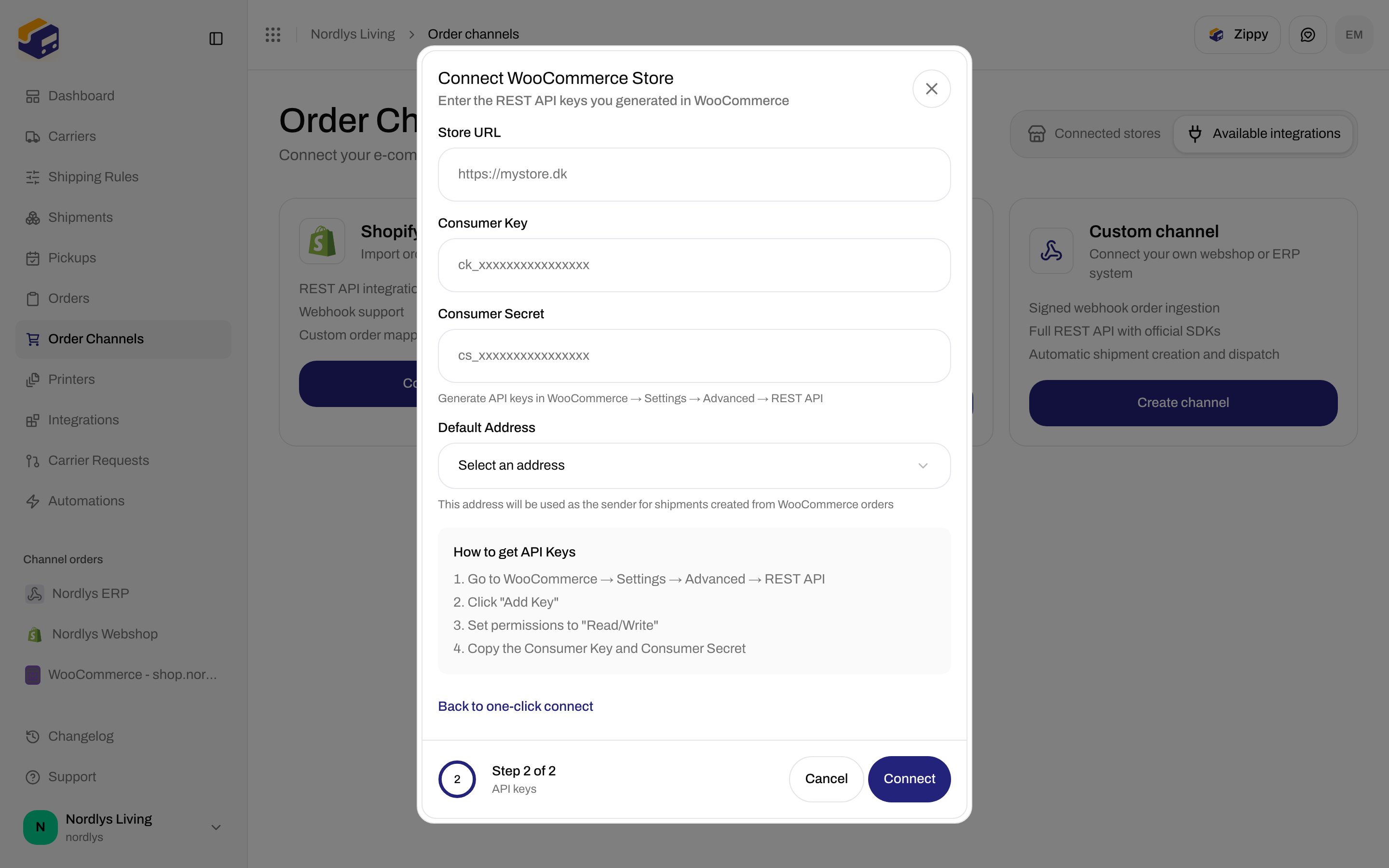 Connect WooCommerce Store modal on the API keys step with Store URL, Consumer Key, Consumer Secret, Default Address, and How to get API Keys