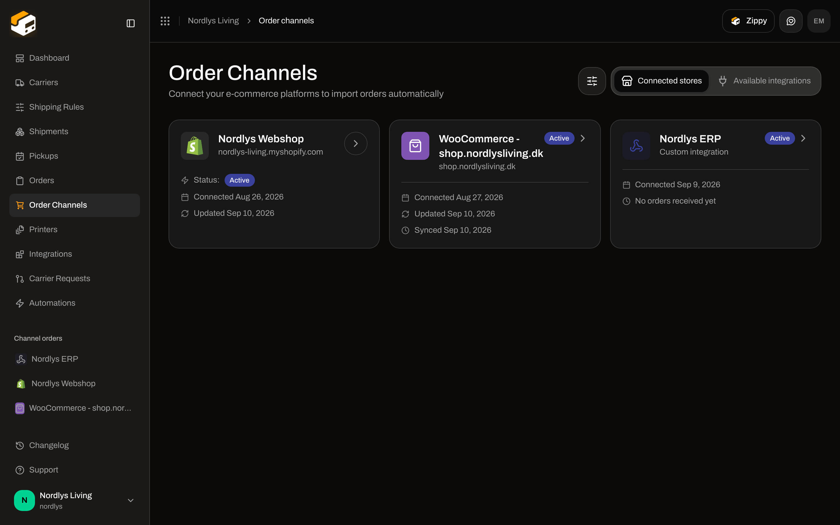 Connected stores tab with a WooCommerce card showing Active status, store hostname, Connected and Updated dates